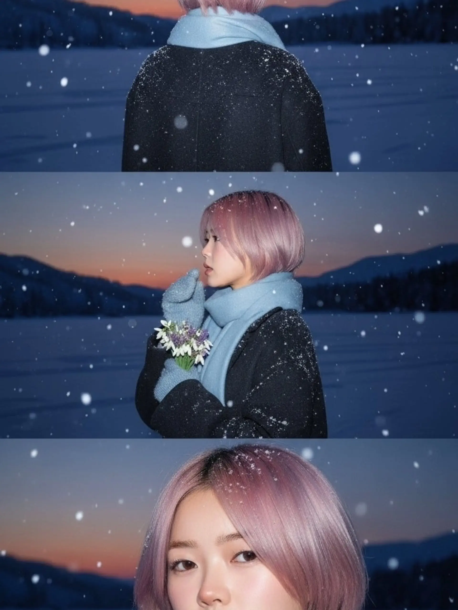 A sleek chin-length straight bob colored in a soft pastel dusty pink tone. 1