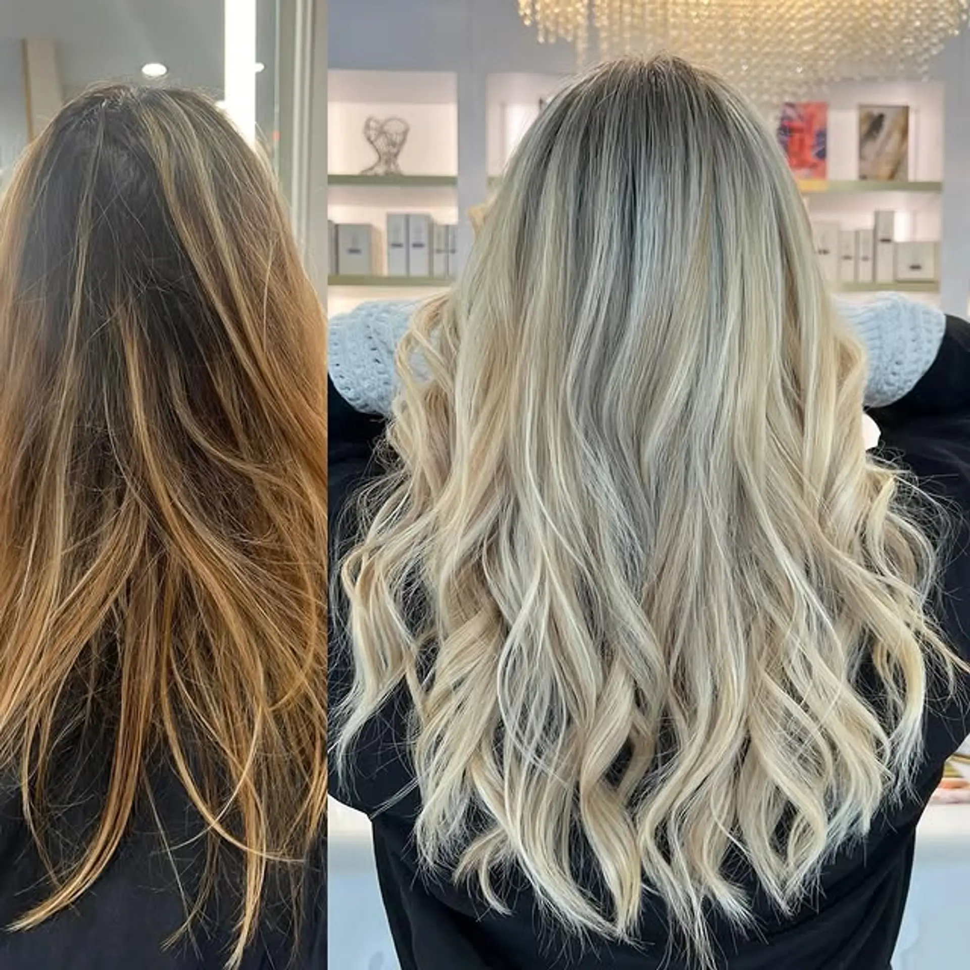 A stunning platinum blonde balayage with a soft root smudge and beautiful waves. 1