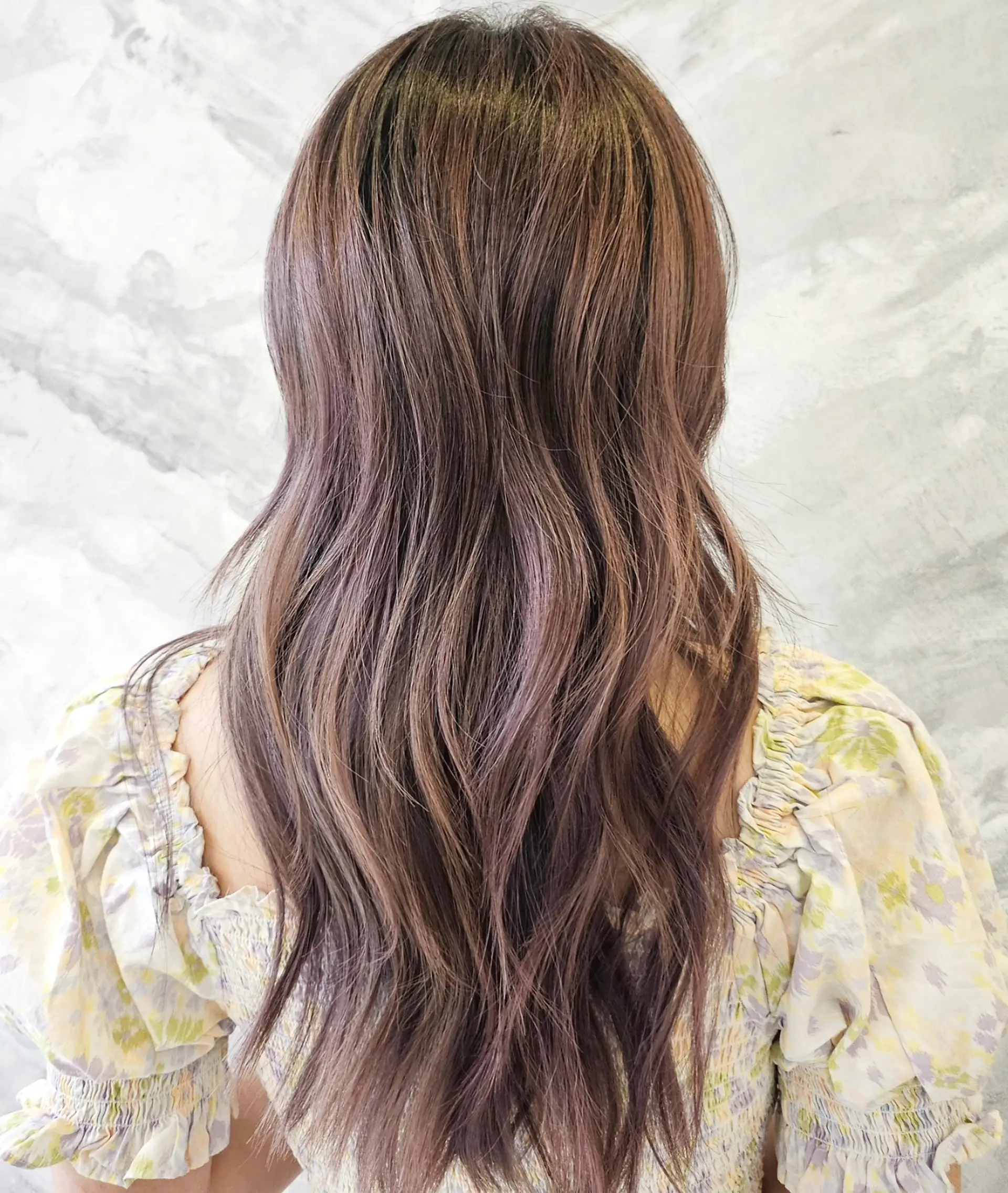 Long cascading waves featuring blended ash pink and violet tones woven through a neutral brown base. 1