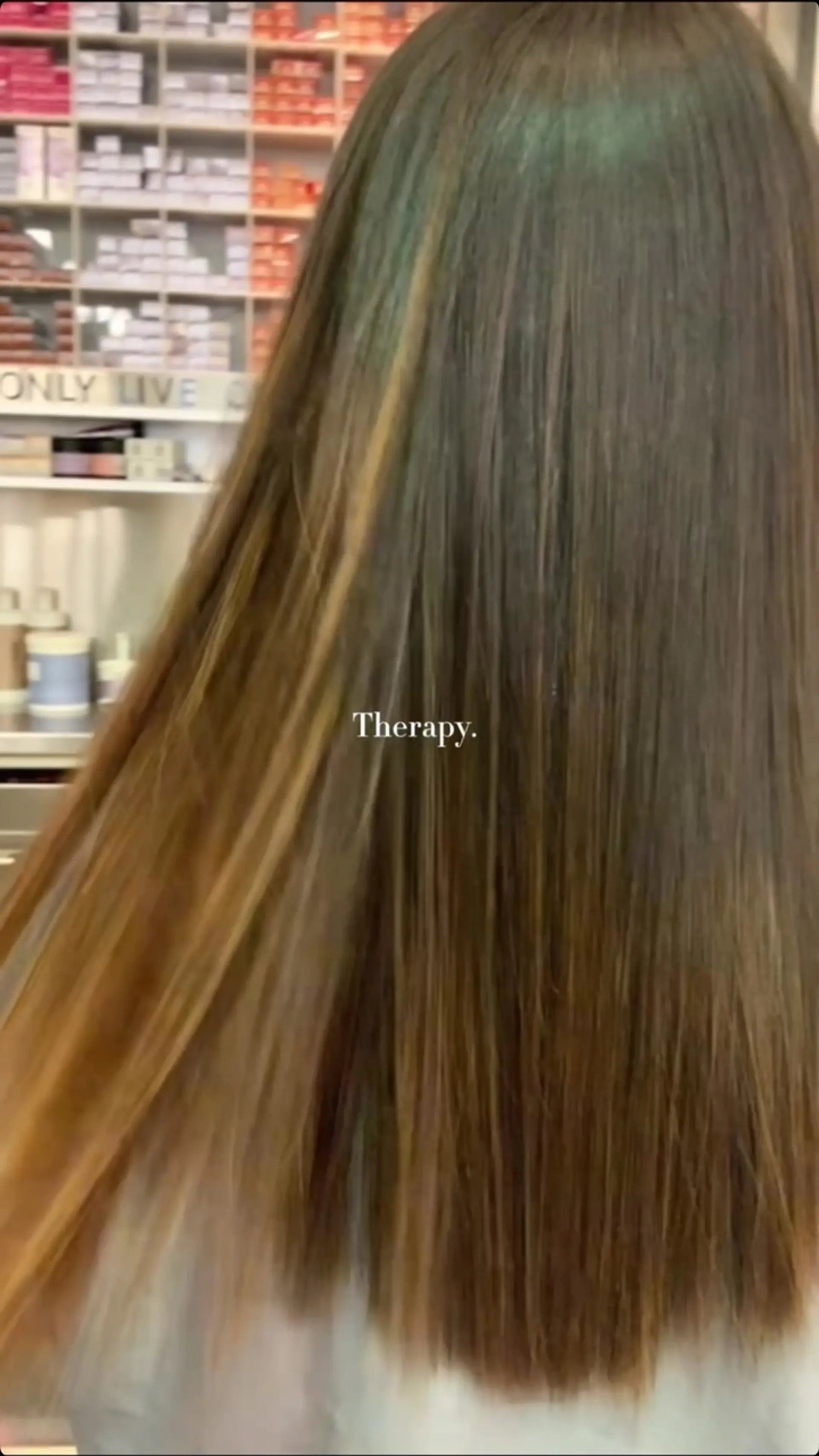 Long, sleek straight dark brown hair with glossy finish and subtle warm highlights. 1