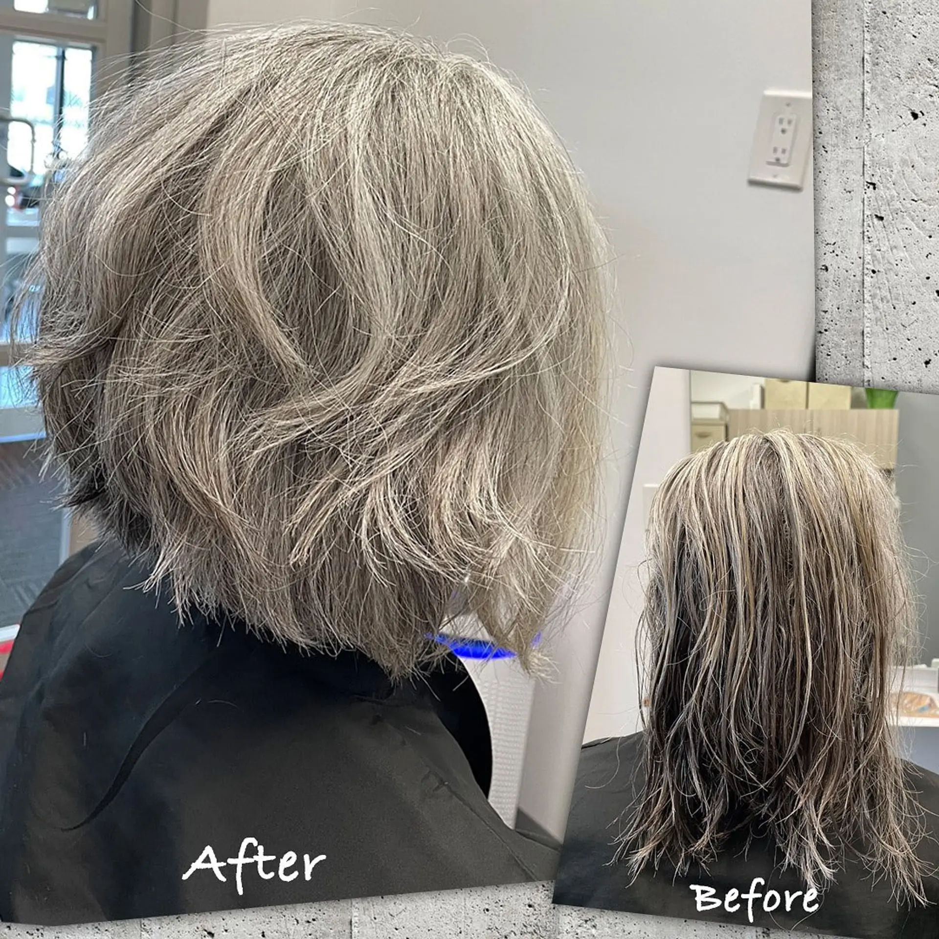A textured, choppy layered bob cut tailored to natural grey hair, providing airy movement and dimensional volume. 1