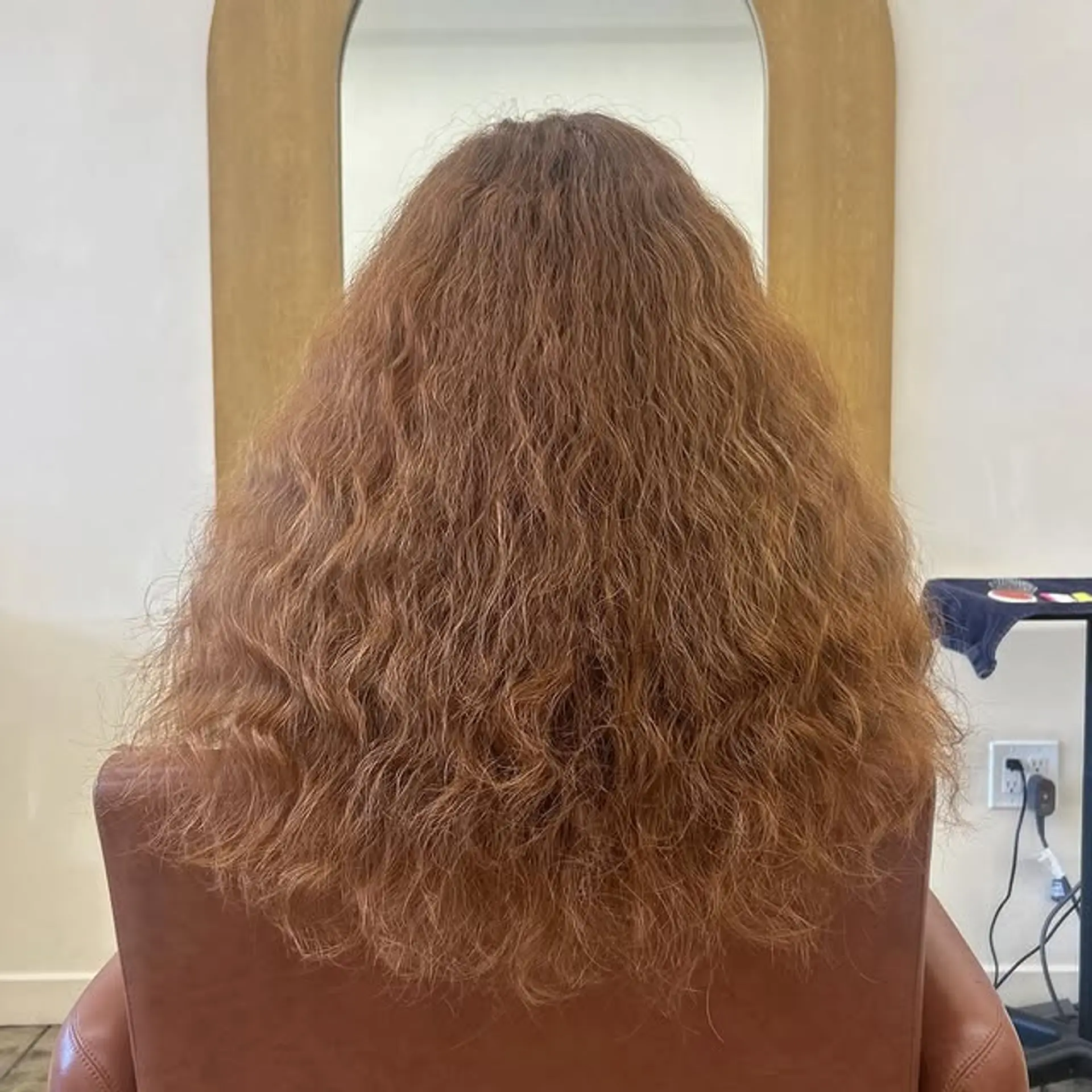 Long, layered waves with a copper-auburn hue. 1