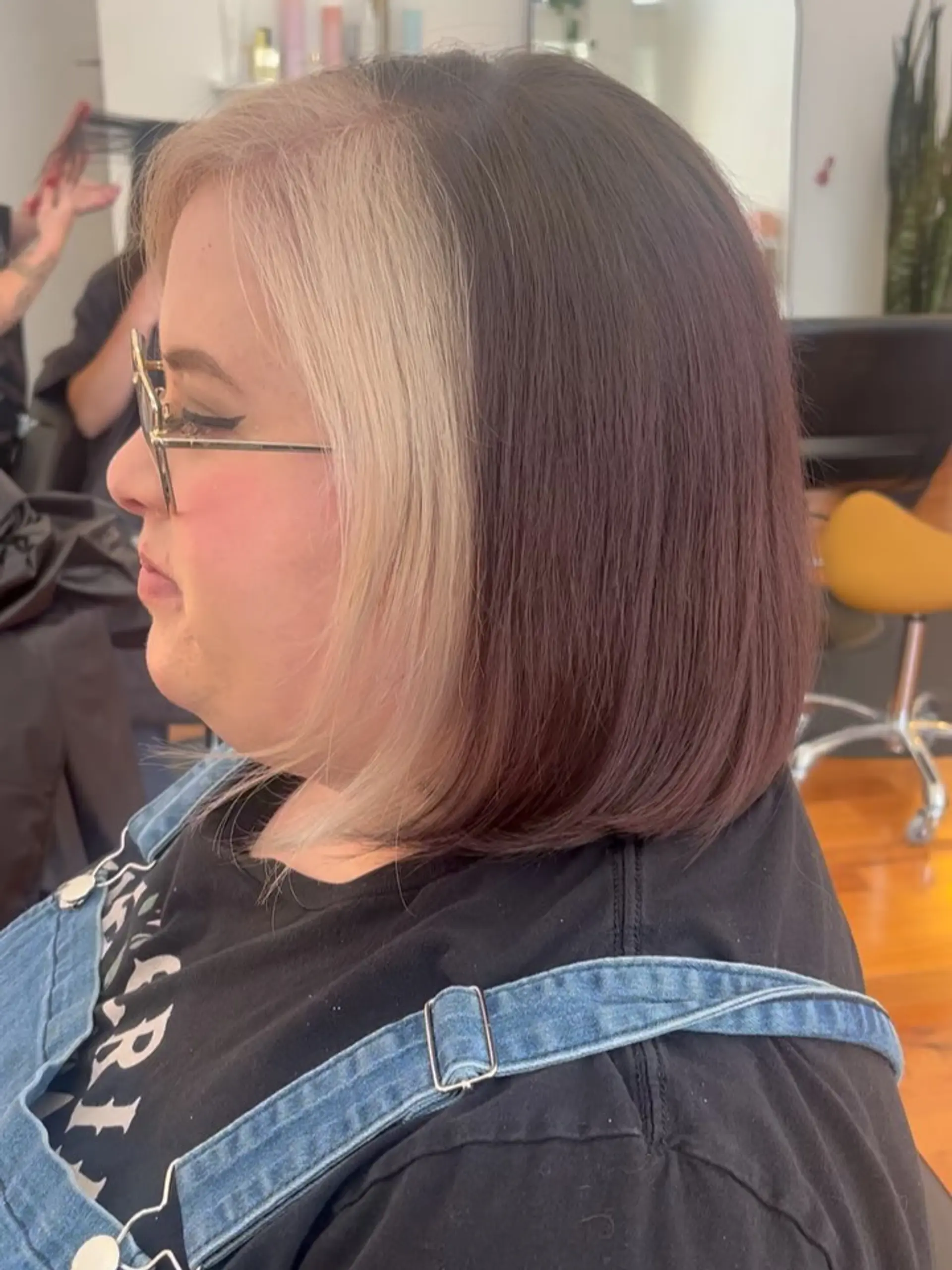 A sleek, smooth bob featuring a high-contrast platinum blonde money piece framed against deep dark brown hair. 1