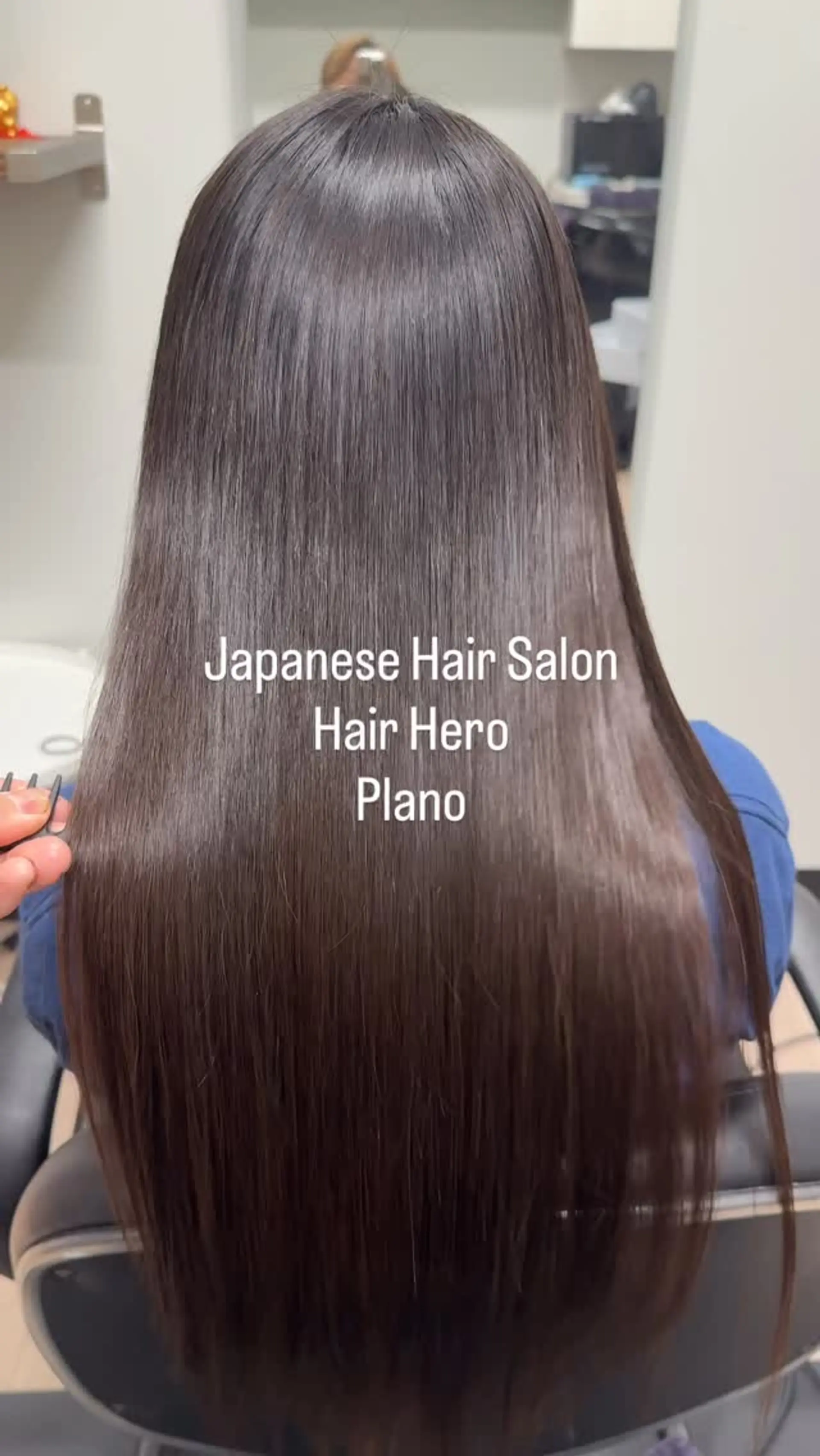 Ultra-sleek, pin-straight long dark hair with a glossy, glass-like shine. 1