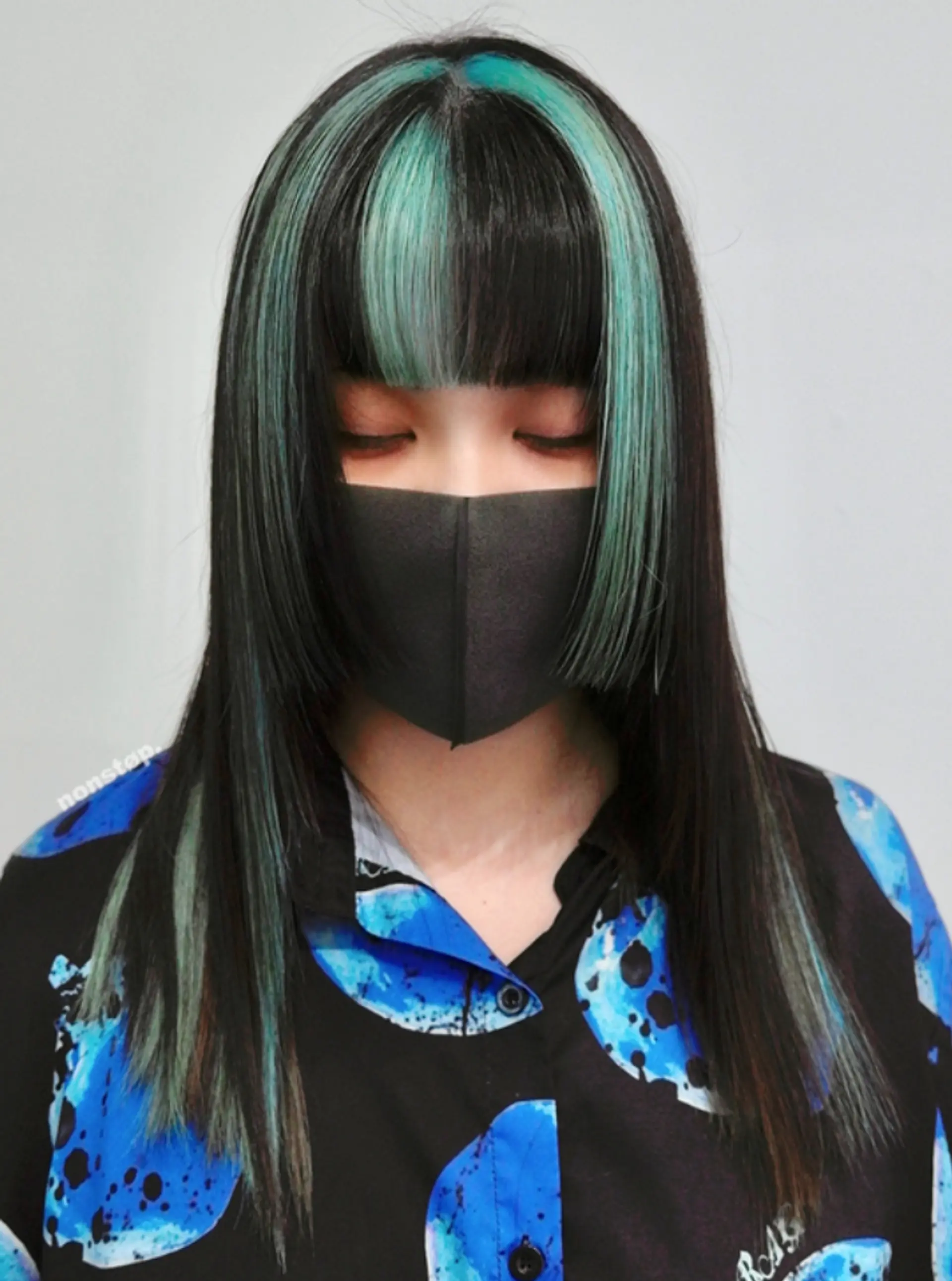 Long, straight hair with black and teal highlights, blunt cut straight bangs, and face-framing strands.

(NonstopStyle: by Neil) 2