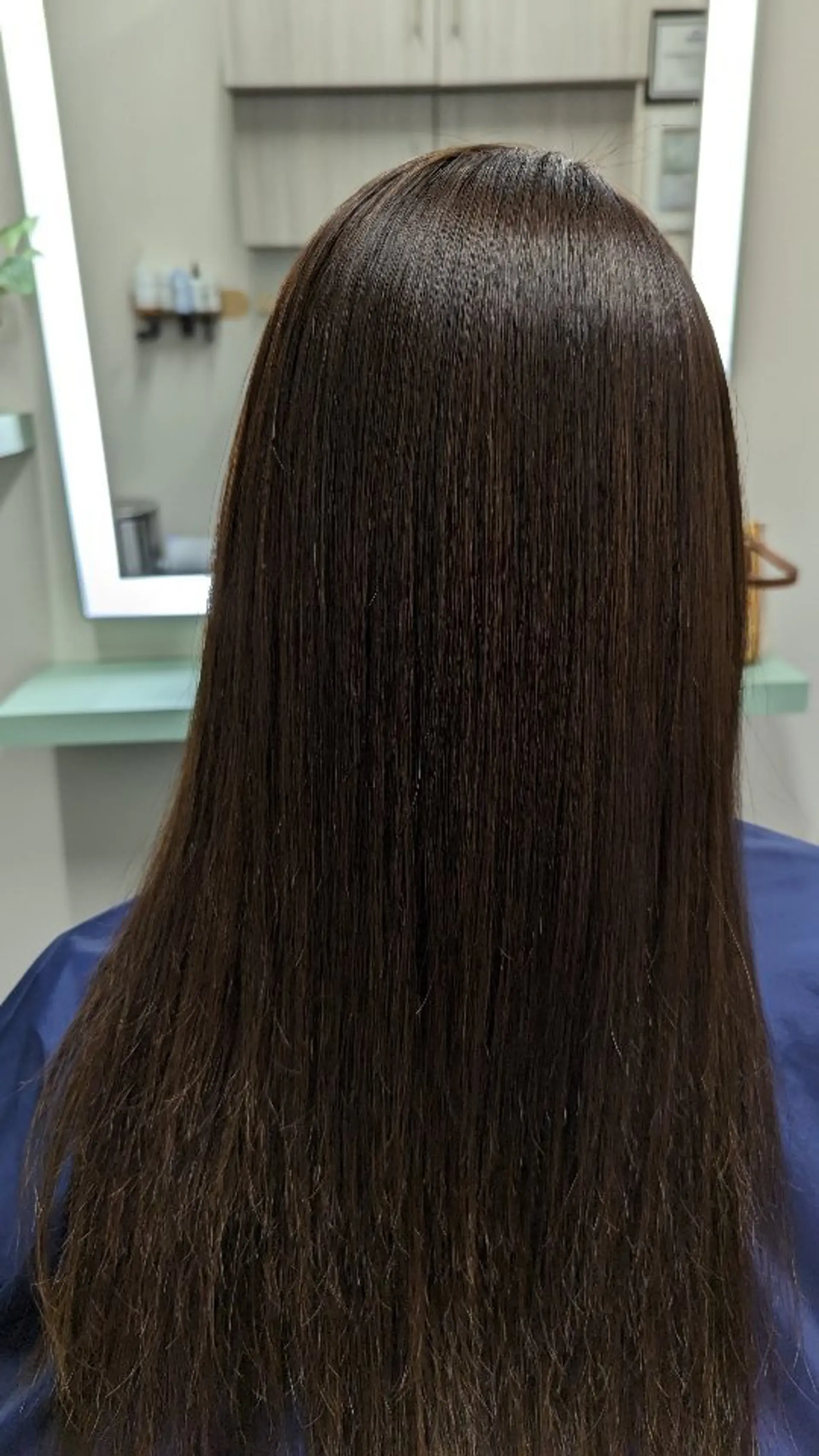 Long, glossy dark brown hair treated to a sleek, pin-straight finish viewed from behind. 1