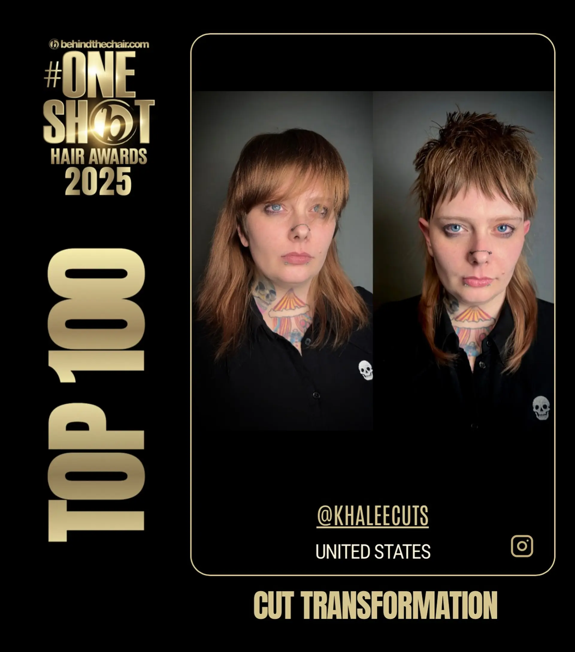 A dramatic cut transformation featuring a textured, choppy mullet with micro-bangs and tapered, shoulder-length pieces at the back. 1