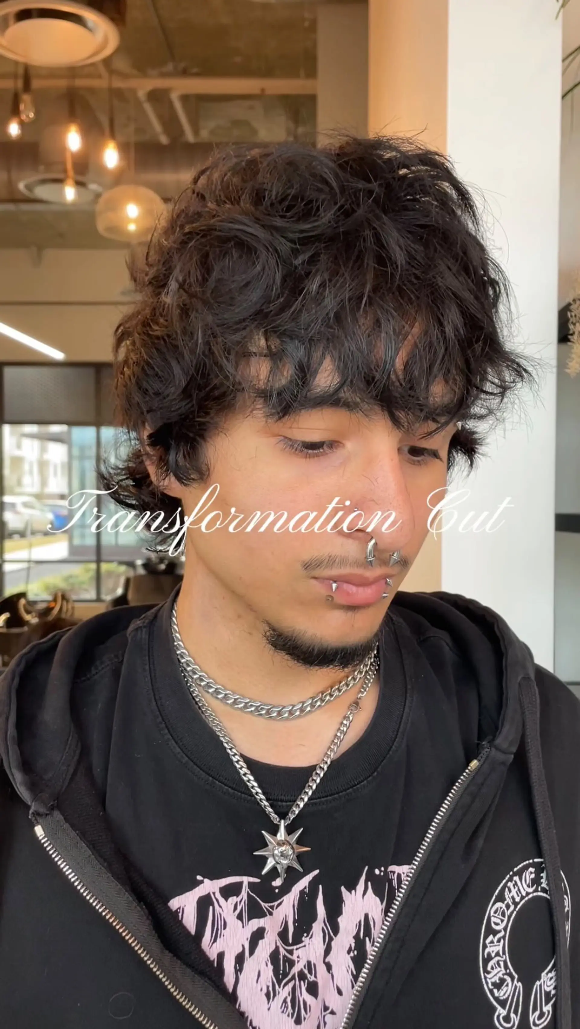 Messy, textured wavy shag haircut with bangs and layered fringe. 1