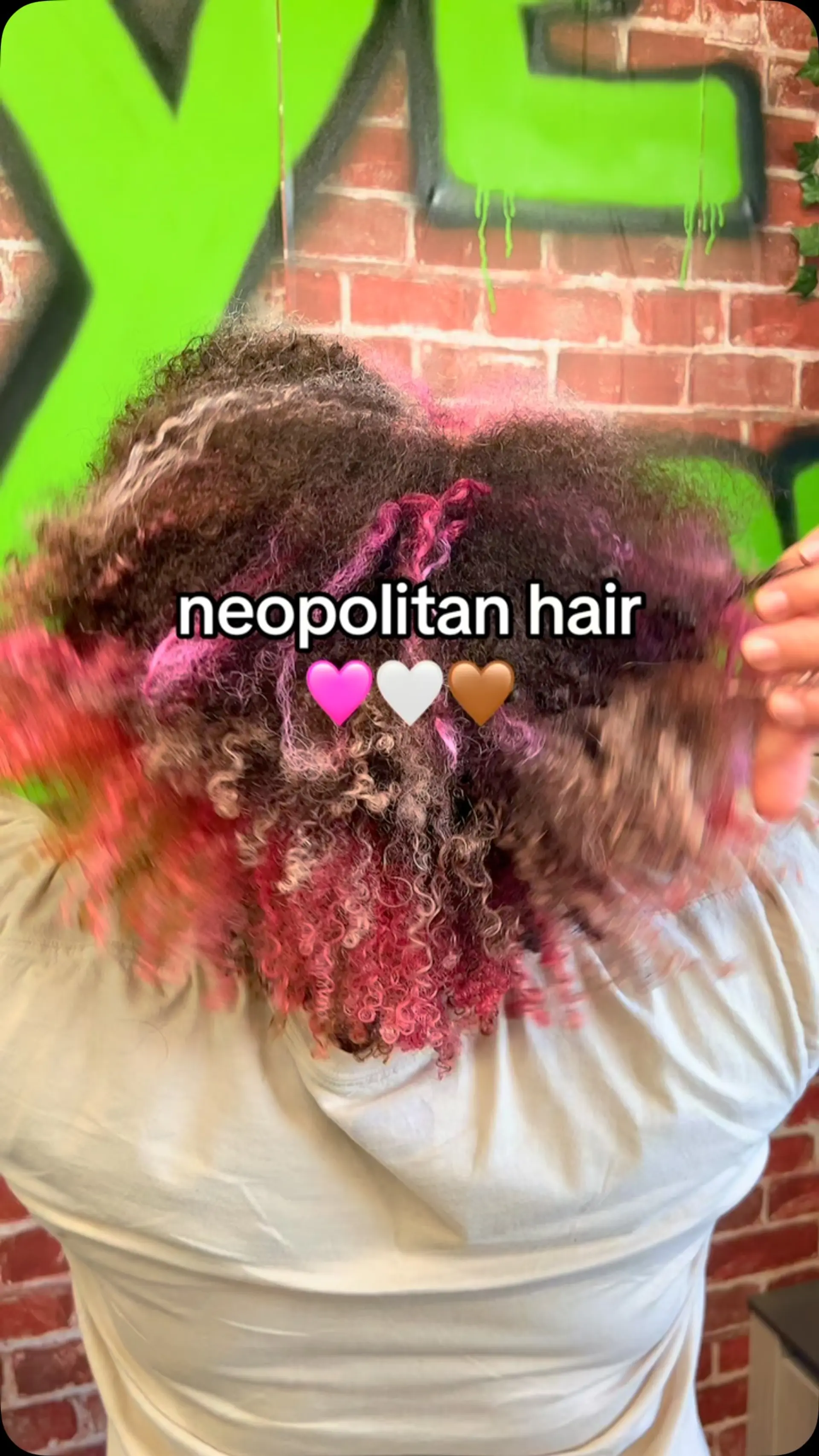 Natural curly hair colored in a whimsical Neapolitan ice cream palette featuring dark chocolate brown, vibrant pink, and vanilla blonde tones. 1