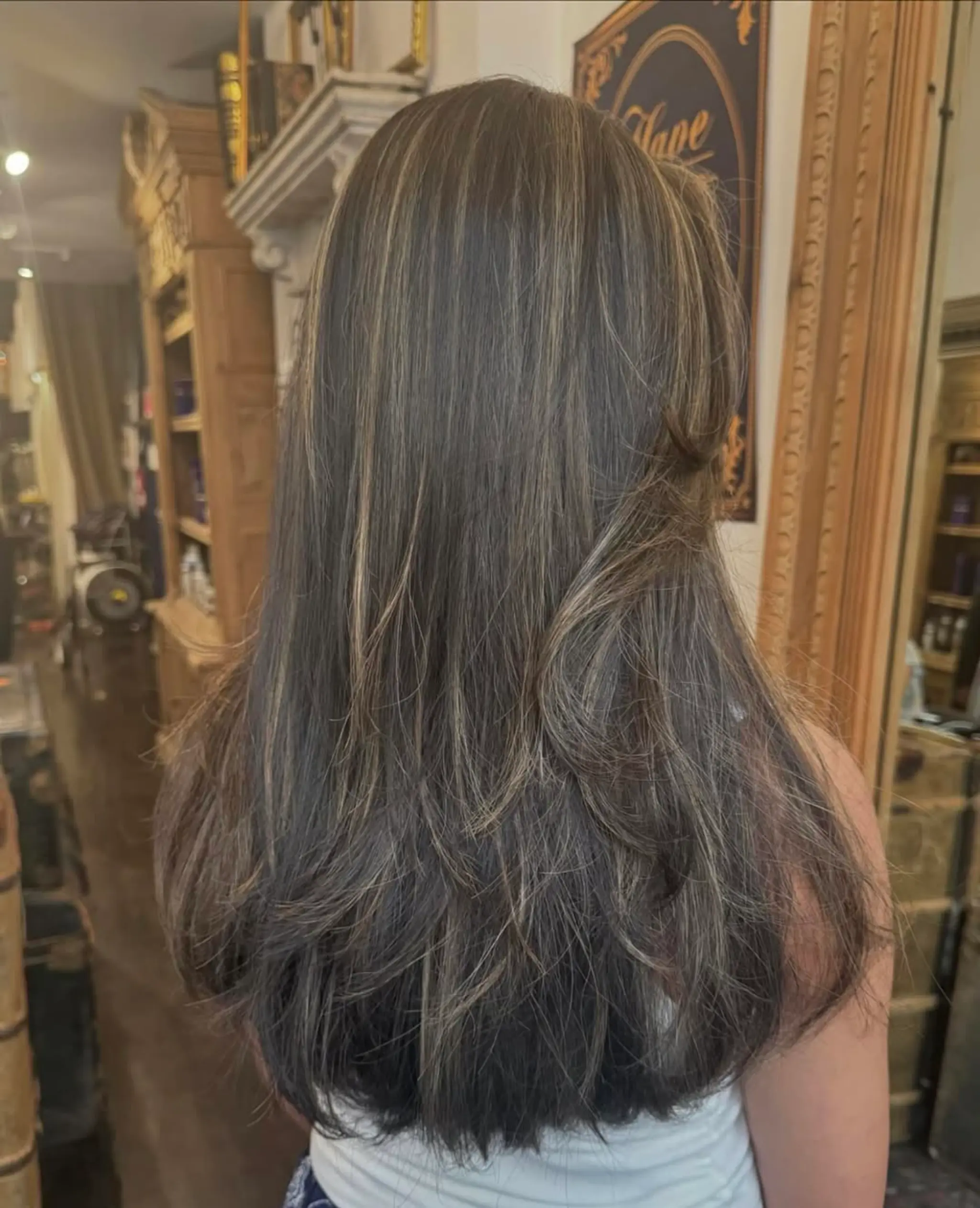 Long, straight, dark brown hair with ash blonde highlights, layered for volume with a sleek finish. 1