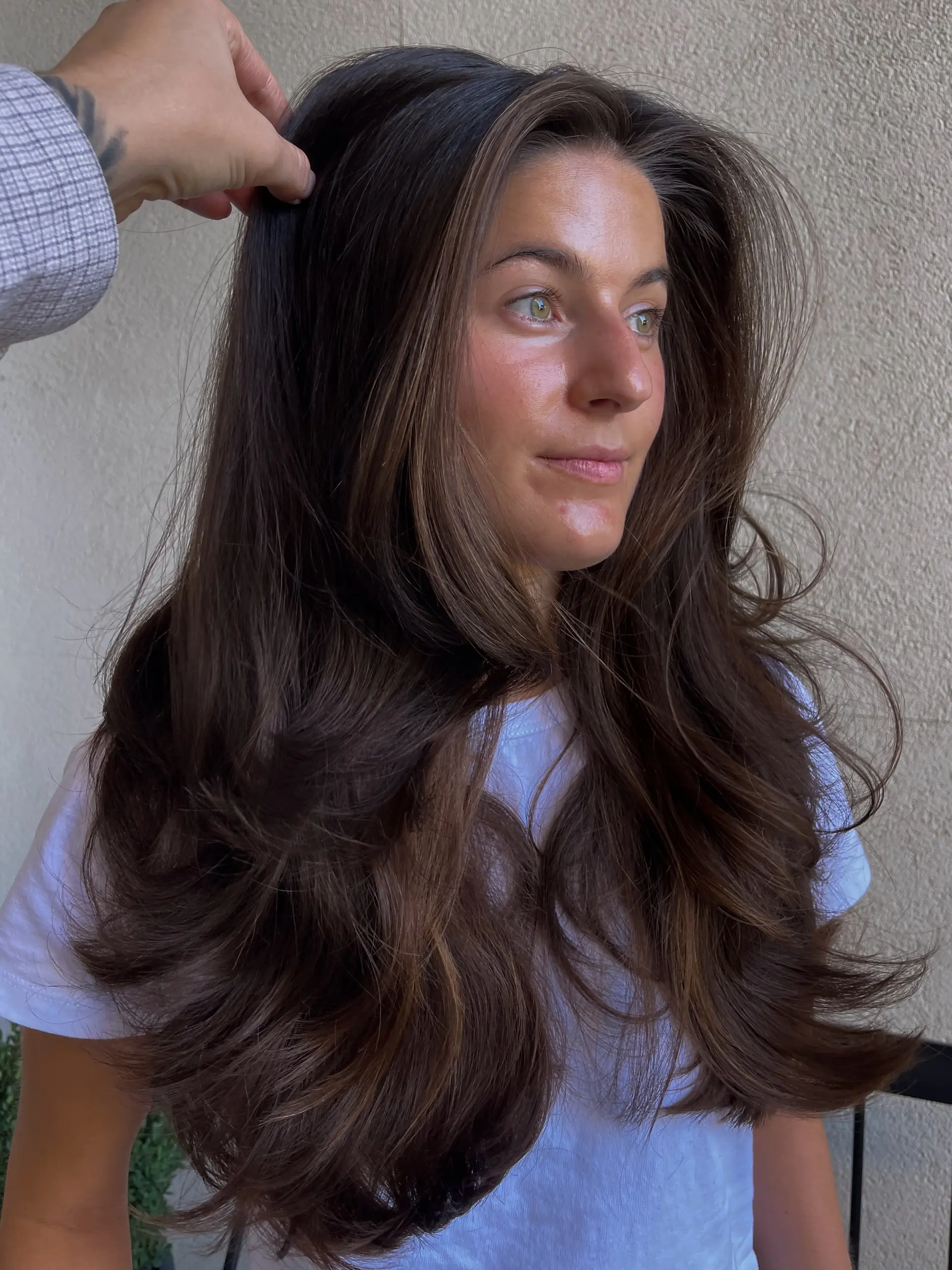 Long, thick brunette hair featuring face-framing layers and styled in a bouncy, voluminous blowout. 1