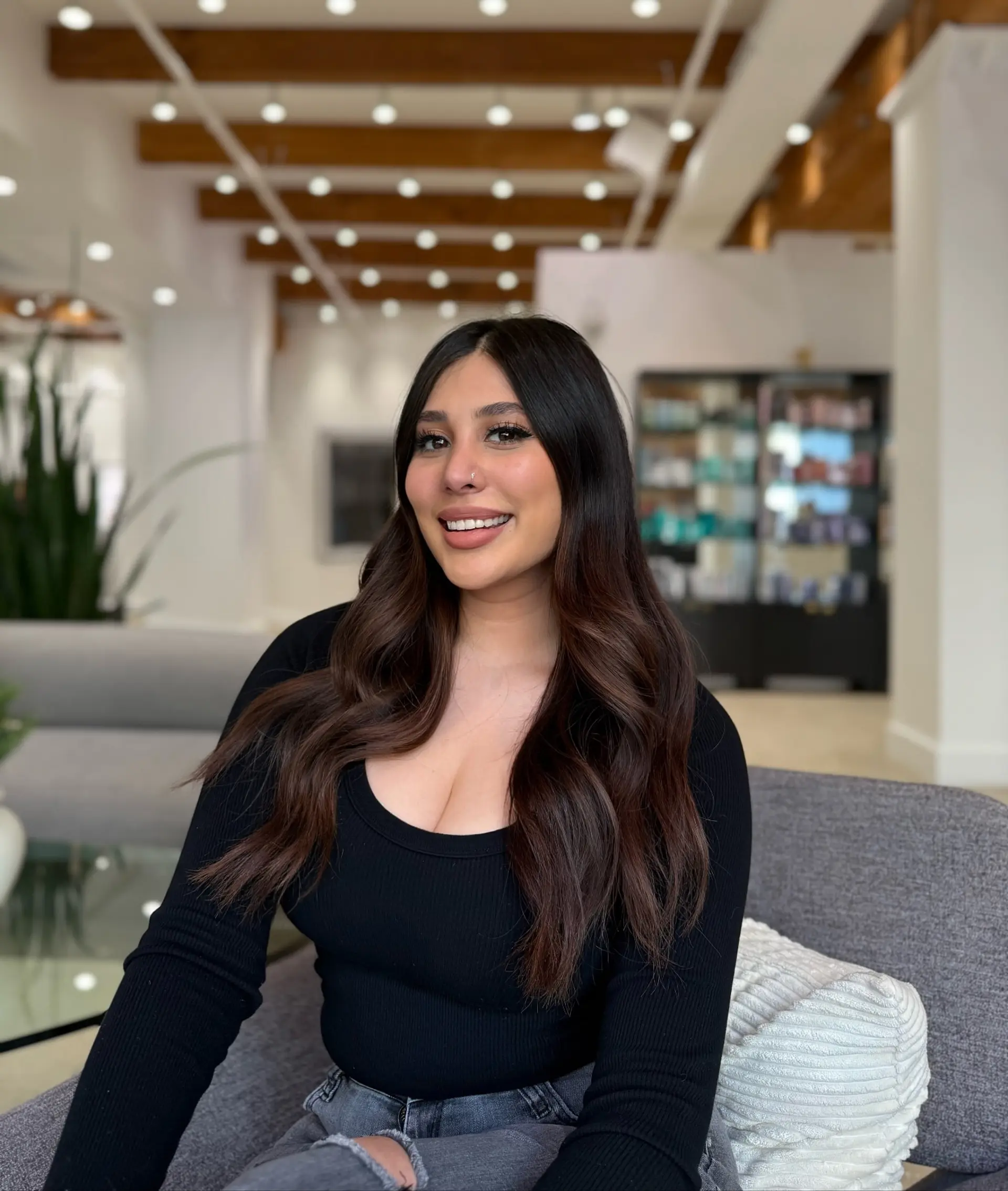 Long, wavy hair with a chocolate brown balayage. 1