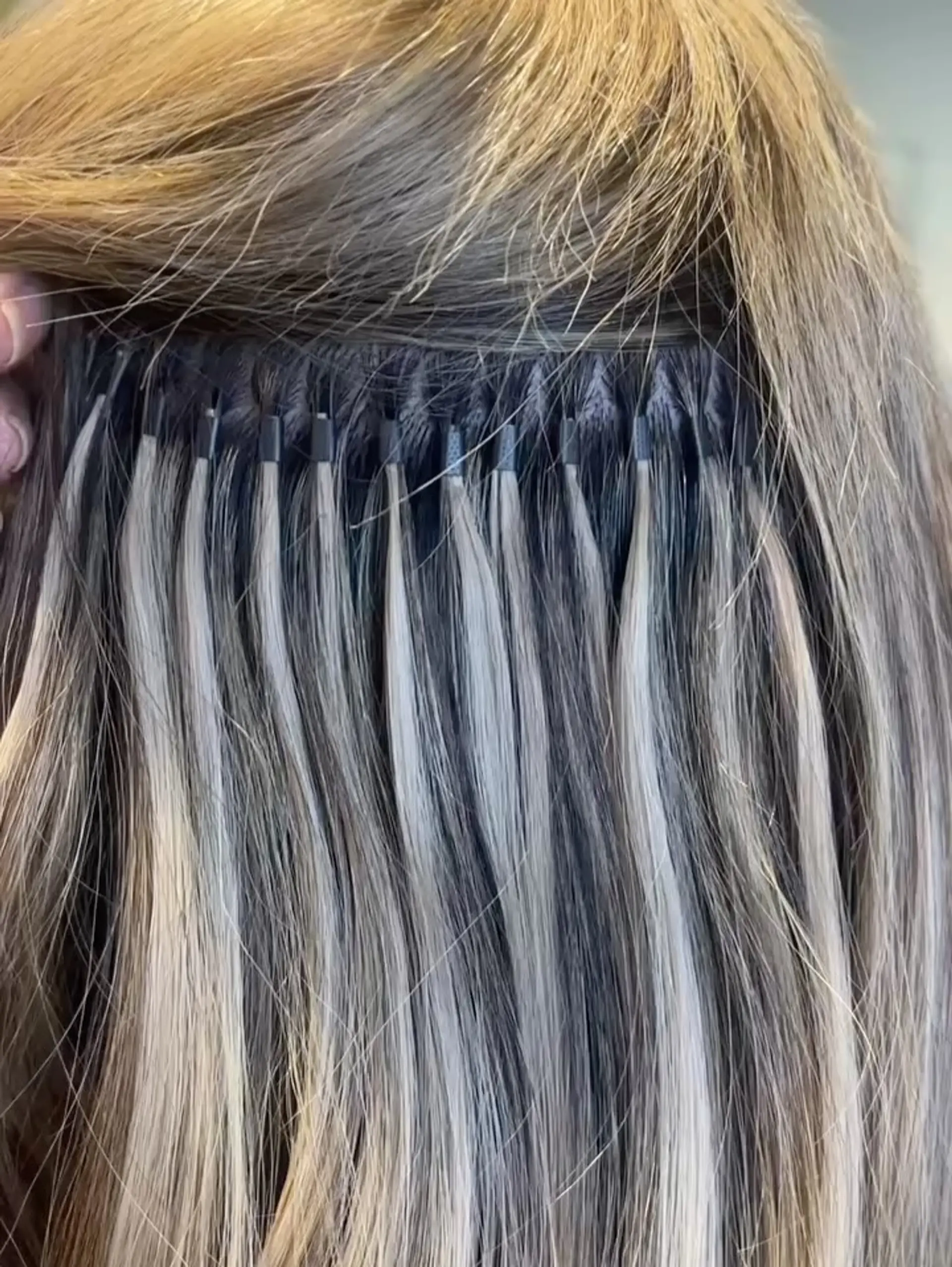 A close-up view of meticulously sectioned and attached I-tip hair extensions blended into dimensional blonde and brown hair. 1