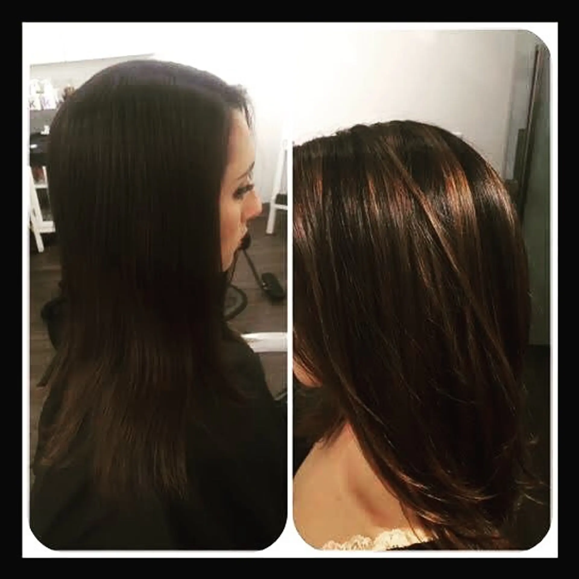 Long layered haircut featuring subtle warm caramel-brunette balayage highlights styled in a sleek, smooth blowout. 1