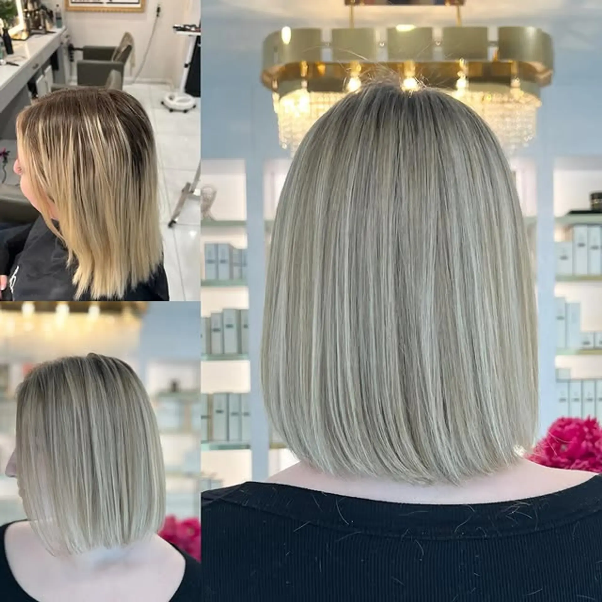 A sleek, blunt cut bob with an icy blonde color. 1