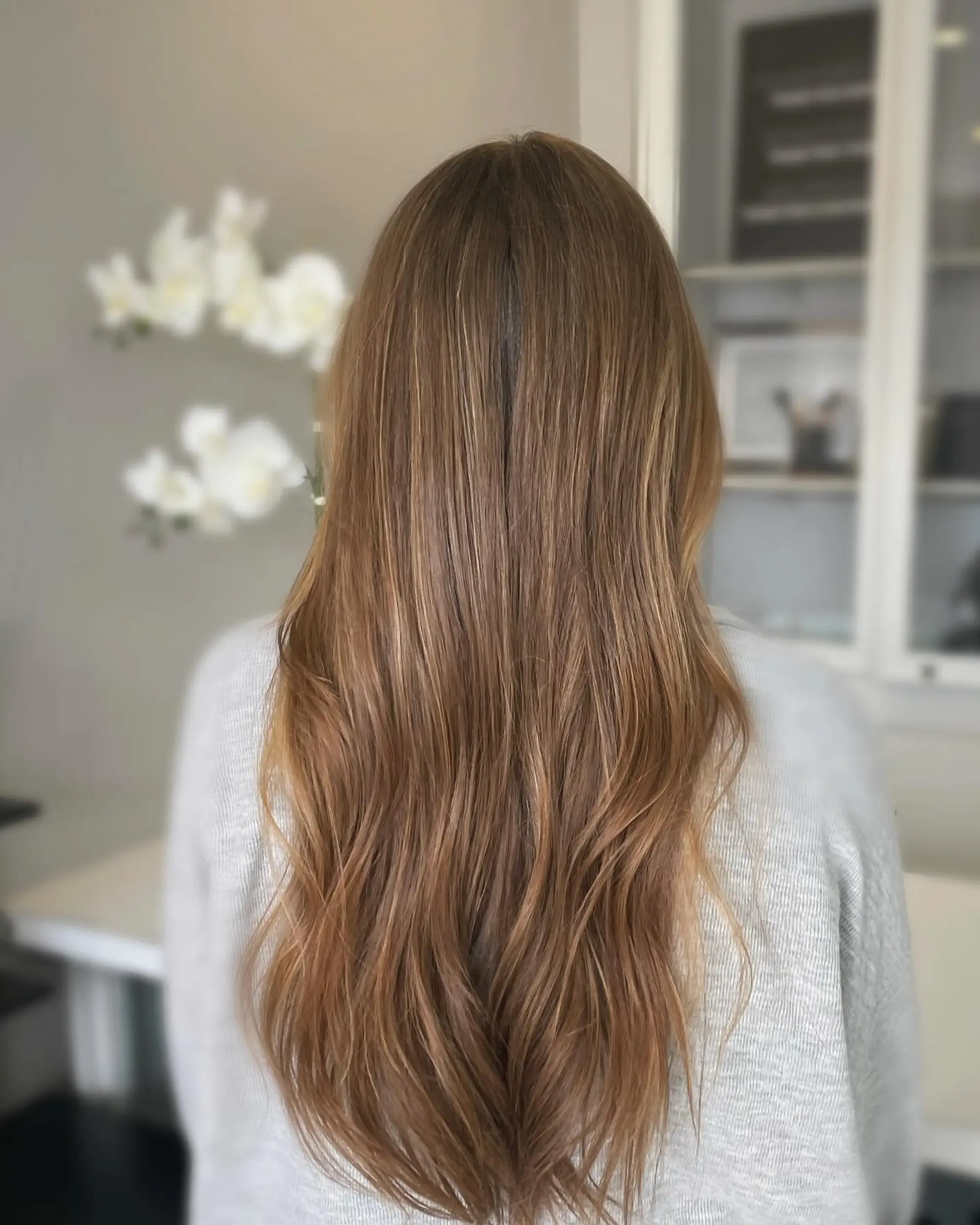 Long light brown hair featuring subtle, fine warm honey highlights and soft loose waves toward the ends. 1