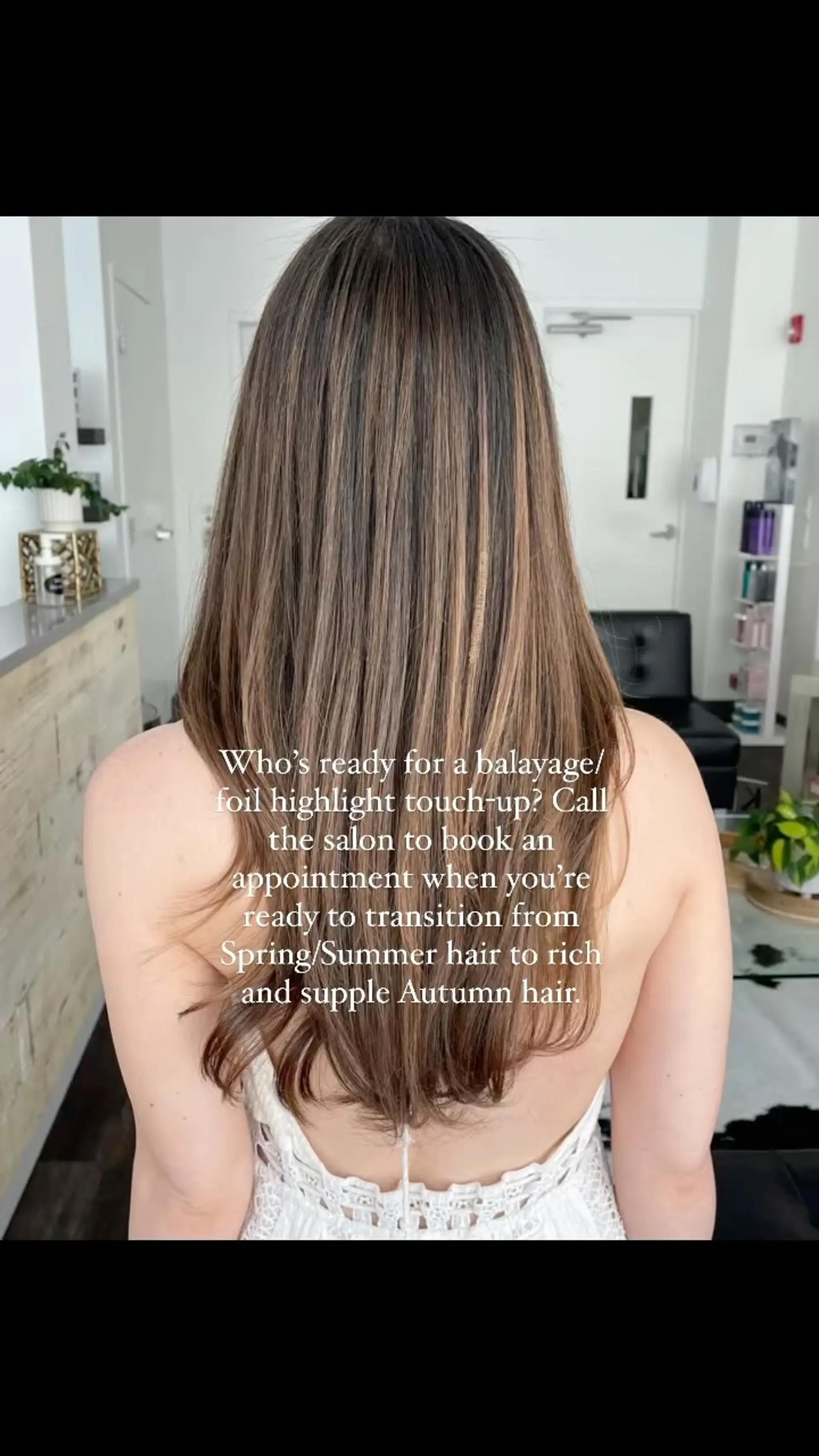 Long, sleek brunette hair enhanced with fine, dimensional caramel balayage highlights and softly curled ends. 1