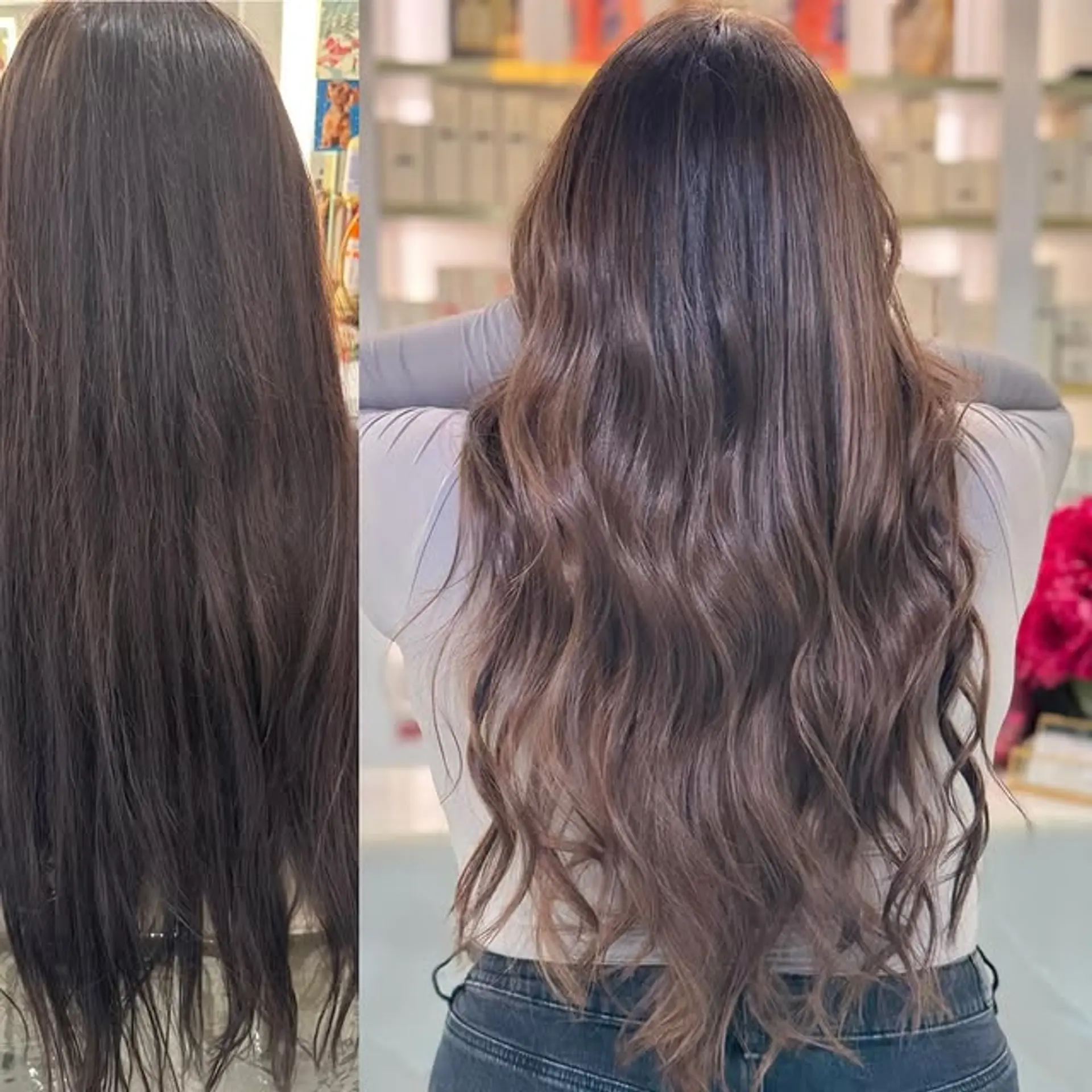 Long, wavy hairstyle with a mocha swirl balayage. 1