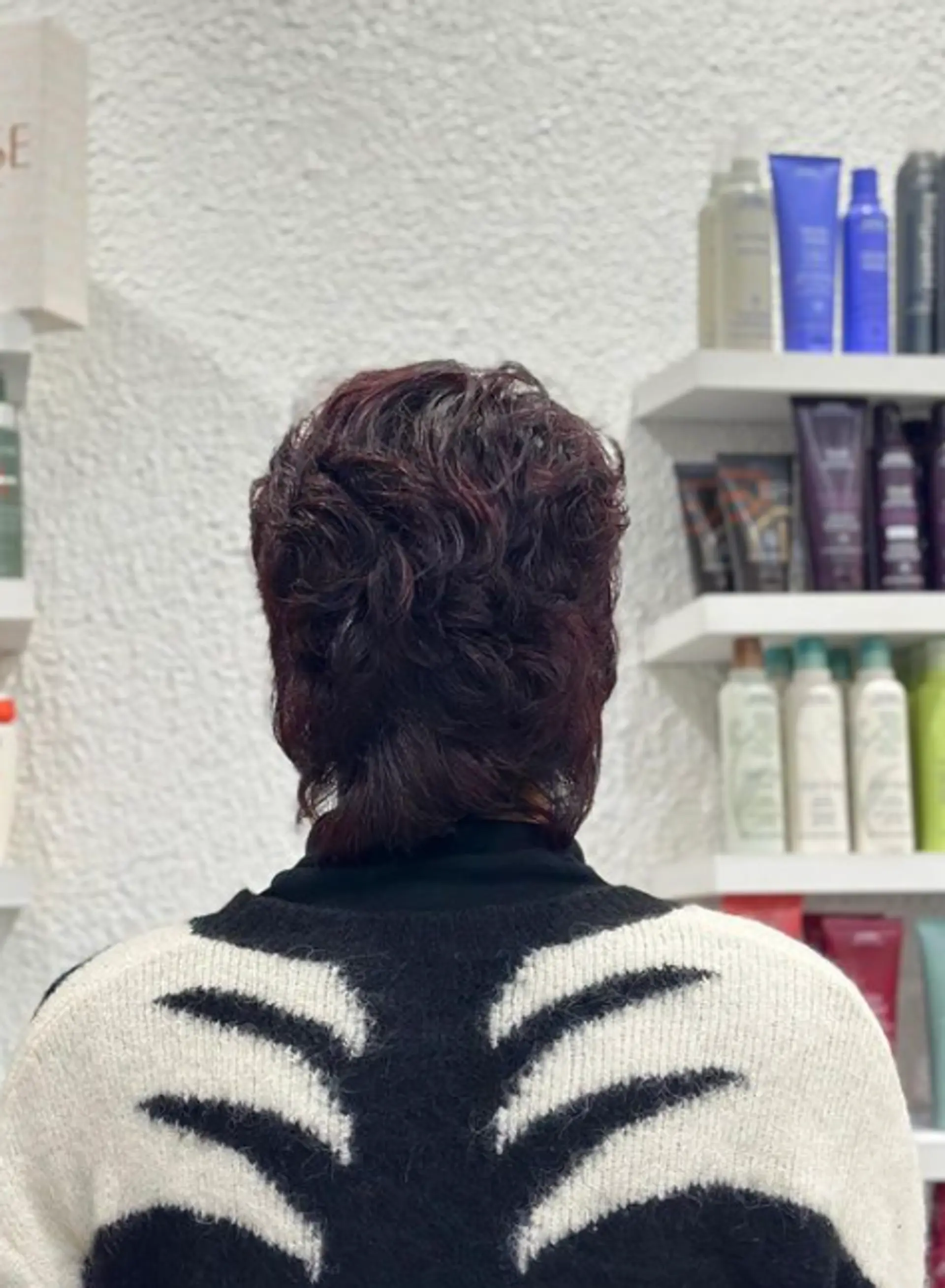 Medium-length wavy hair cascading in a retro mullet-inspired look with shorter, layered sides that frame the face and provide volume with dark brown color. 2