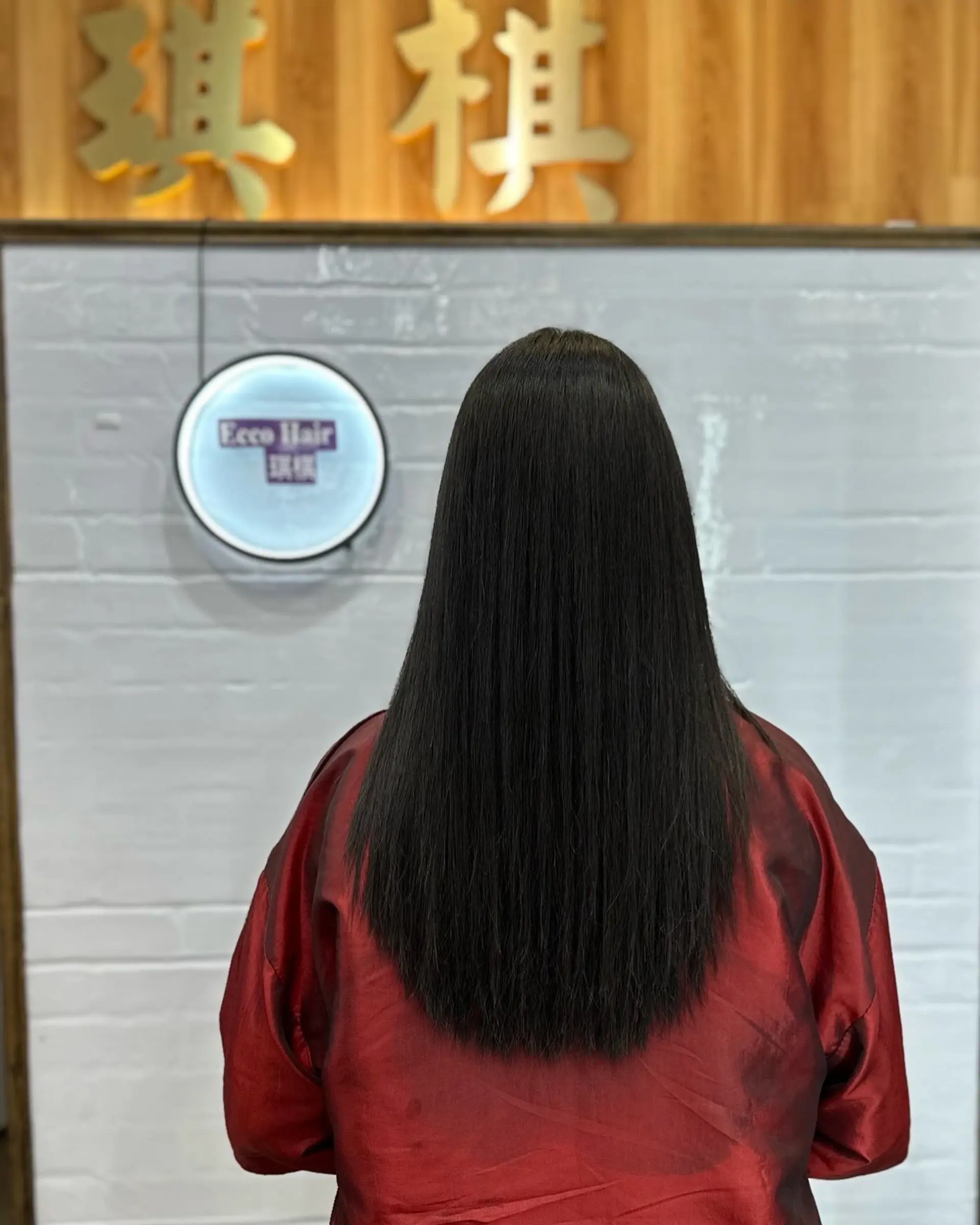 Sleek and glossy long straight dark hair with a soft curved hemline. 1