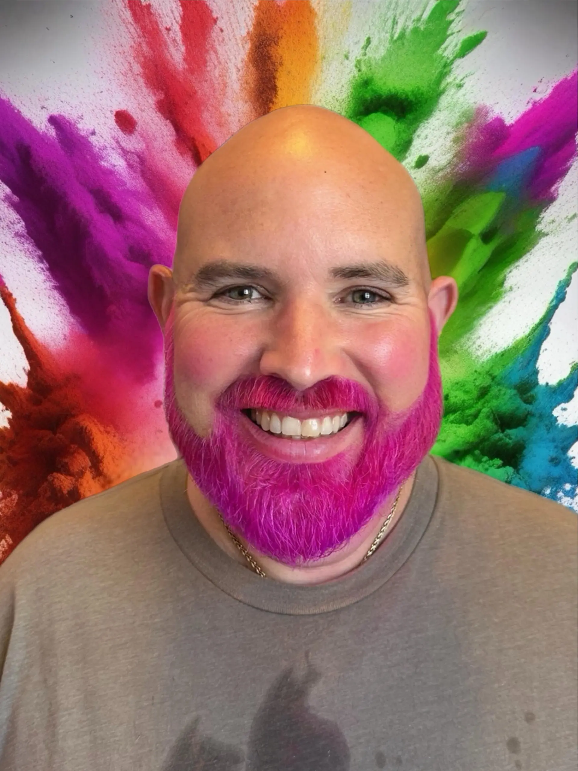 A neatly groomed beard and mustache dyed in an electric, vibrant hot-pink shade paired with a shaved head. 1