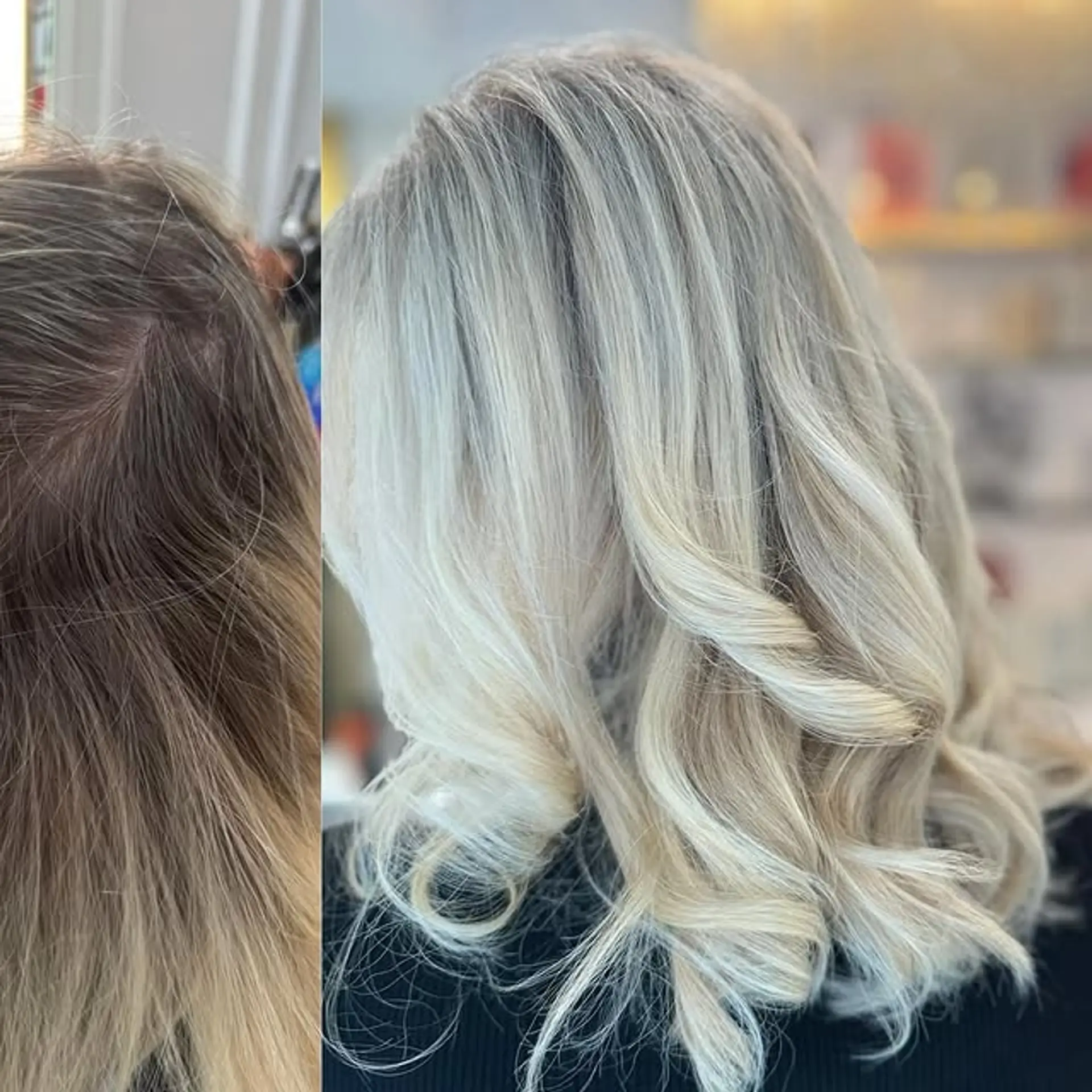 A medium-length hairstyle featuring soft waves and a beautiful icy blonde balayage. 1