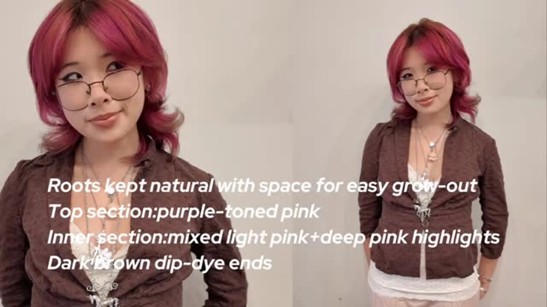Medium-length layered shag cut featuring curtain bangs, outward-flipped ends, and vivid magenta-pink dimensional coloring with dip-dyed tips. 1