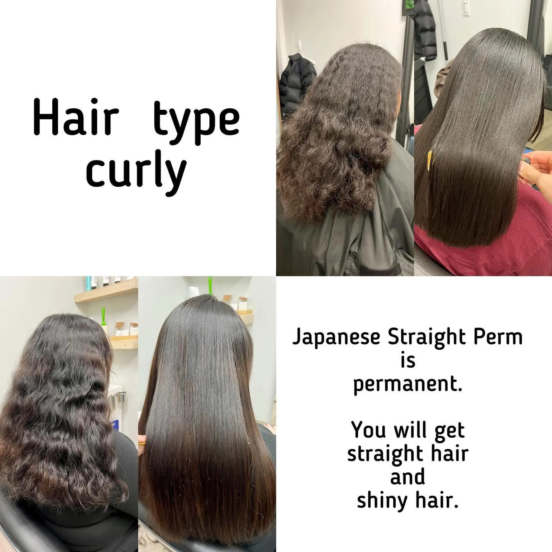 A sleek and glossy Japanese straight perm transformation, taking curly and wavy textures to ultra-smooth, pin-straight strands. 1