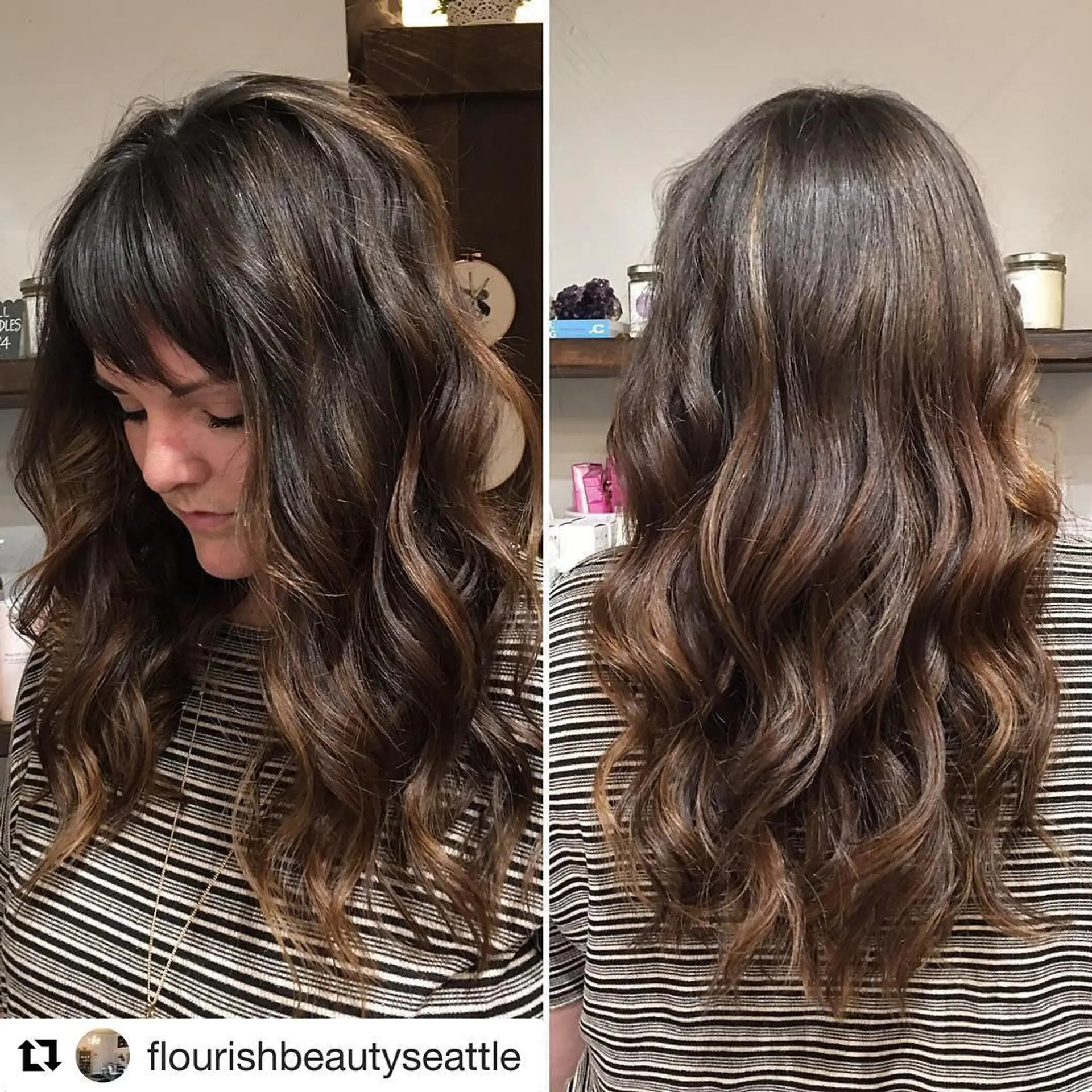 Long layered dark brunette hair featuring subtle caramel balayage dimension and full textured fringe, styled with soft curls. 1