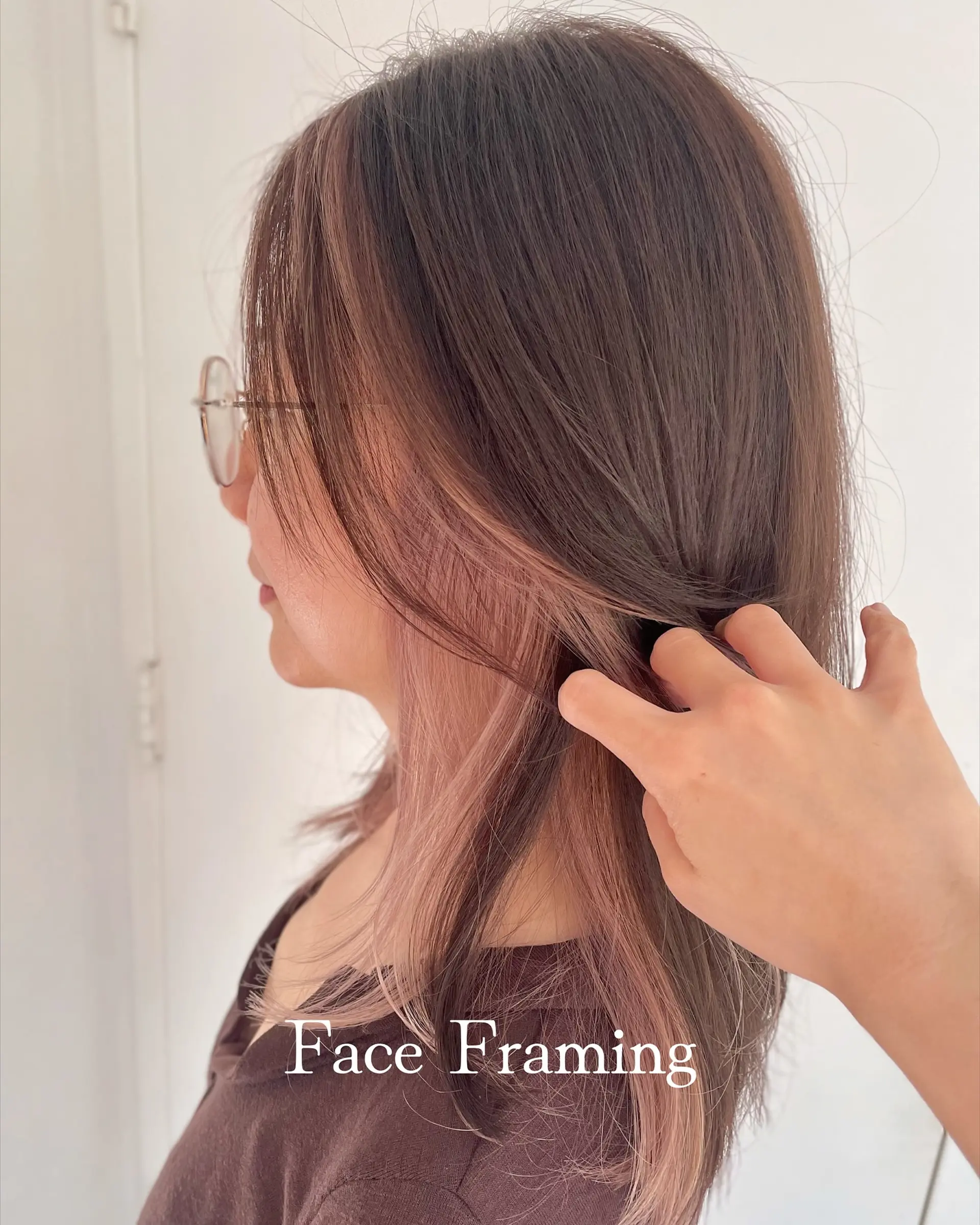 Medium-length straight ash brown hair featuring soft, pale pink face-framing and inner peekaboo highlights. 1