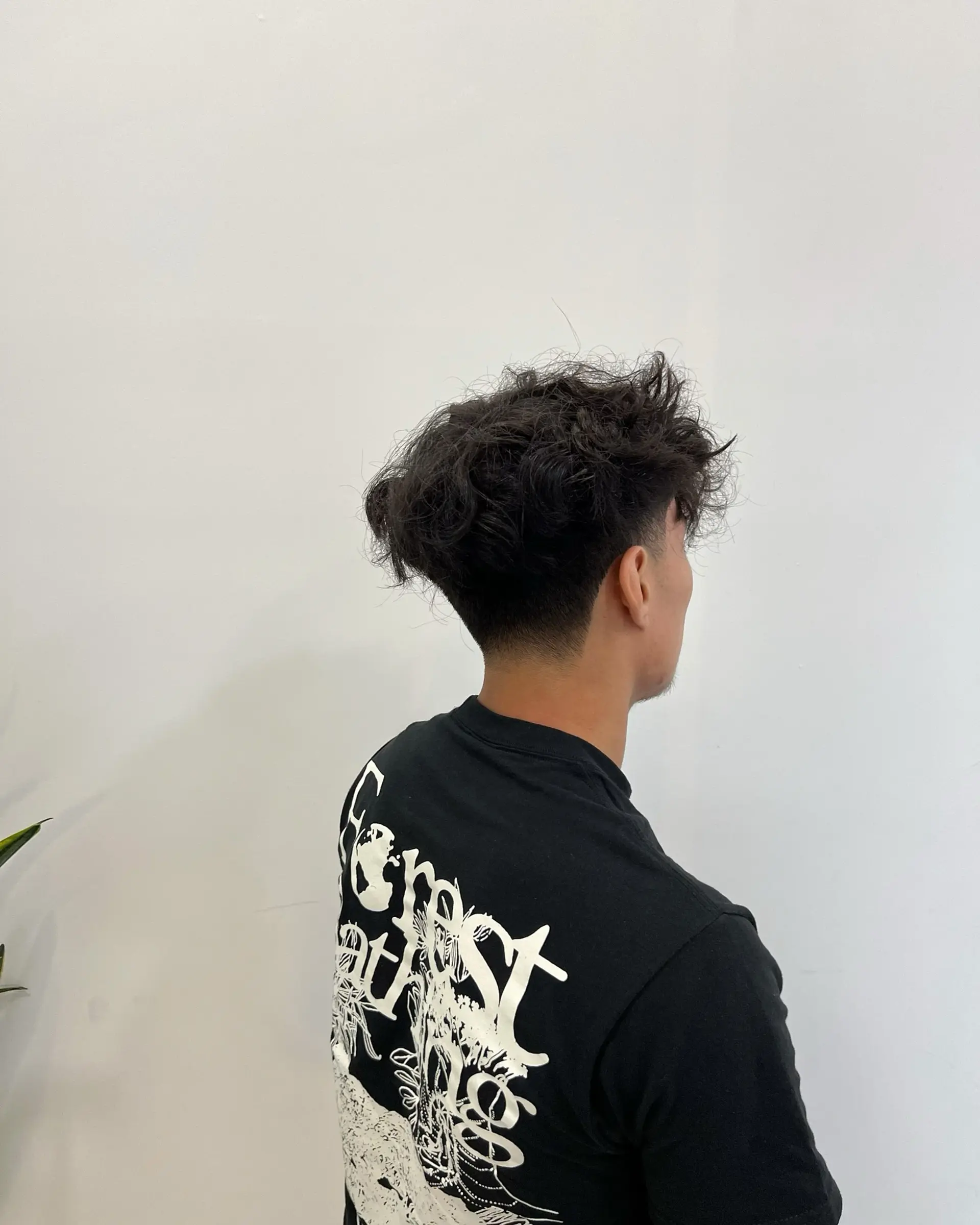 This hairstyle features medium length curly hair with a low taper fade. 3