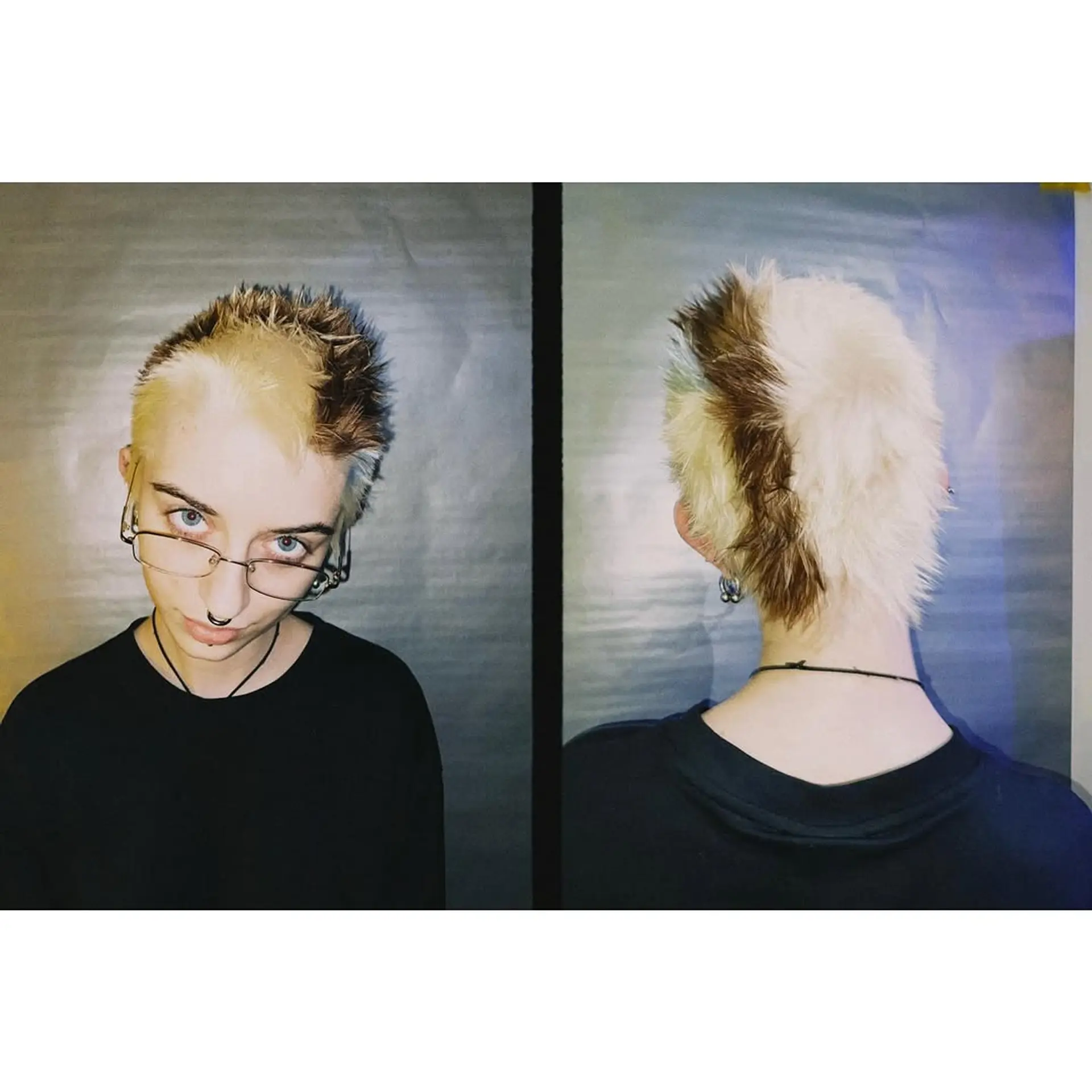 A short, spiky, and textured faux hawk featuring a high-contrast two-tone color application. 1