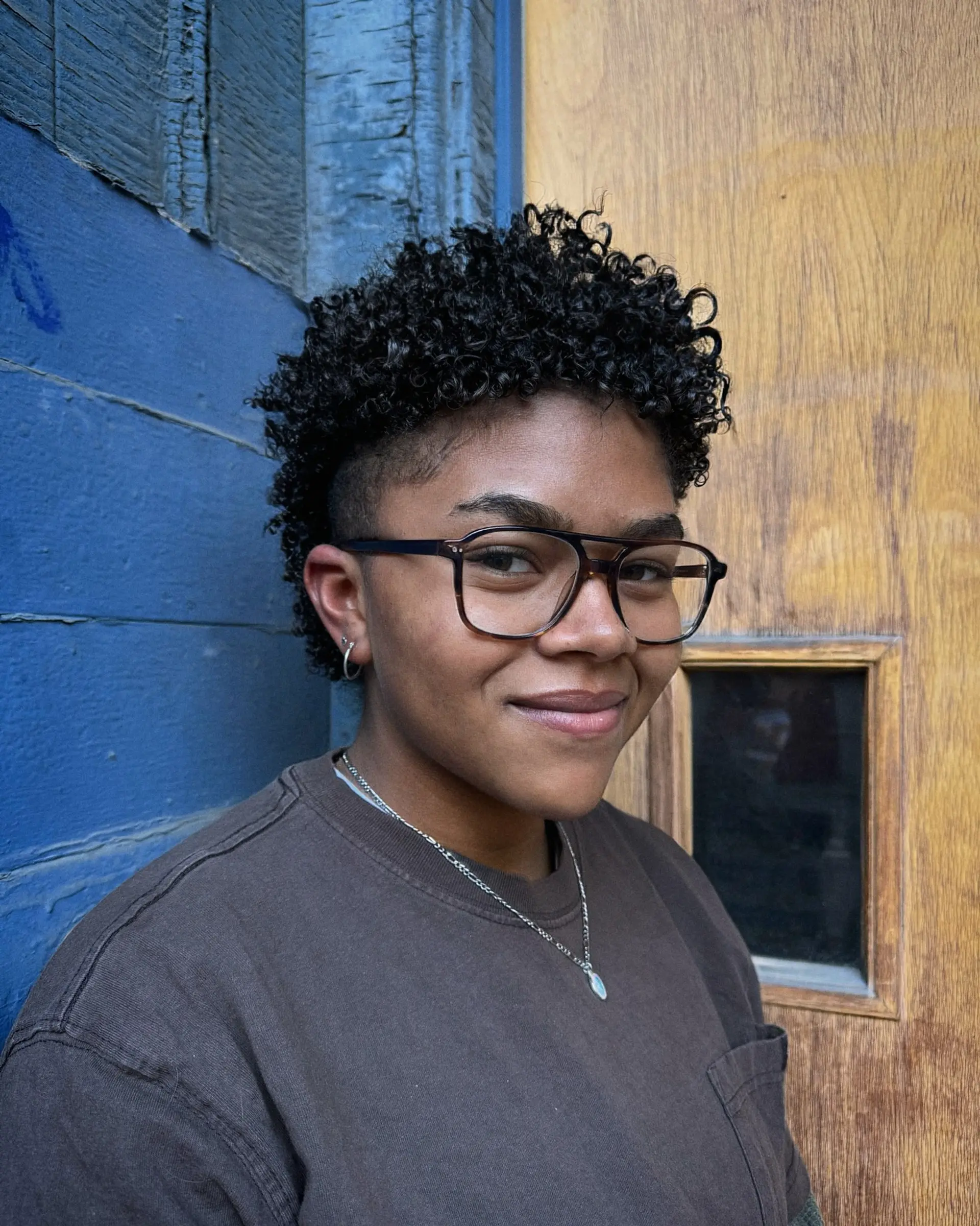 A short haircut featuring defined natural tight coils on top with closely faded, tapered sides. 1