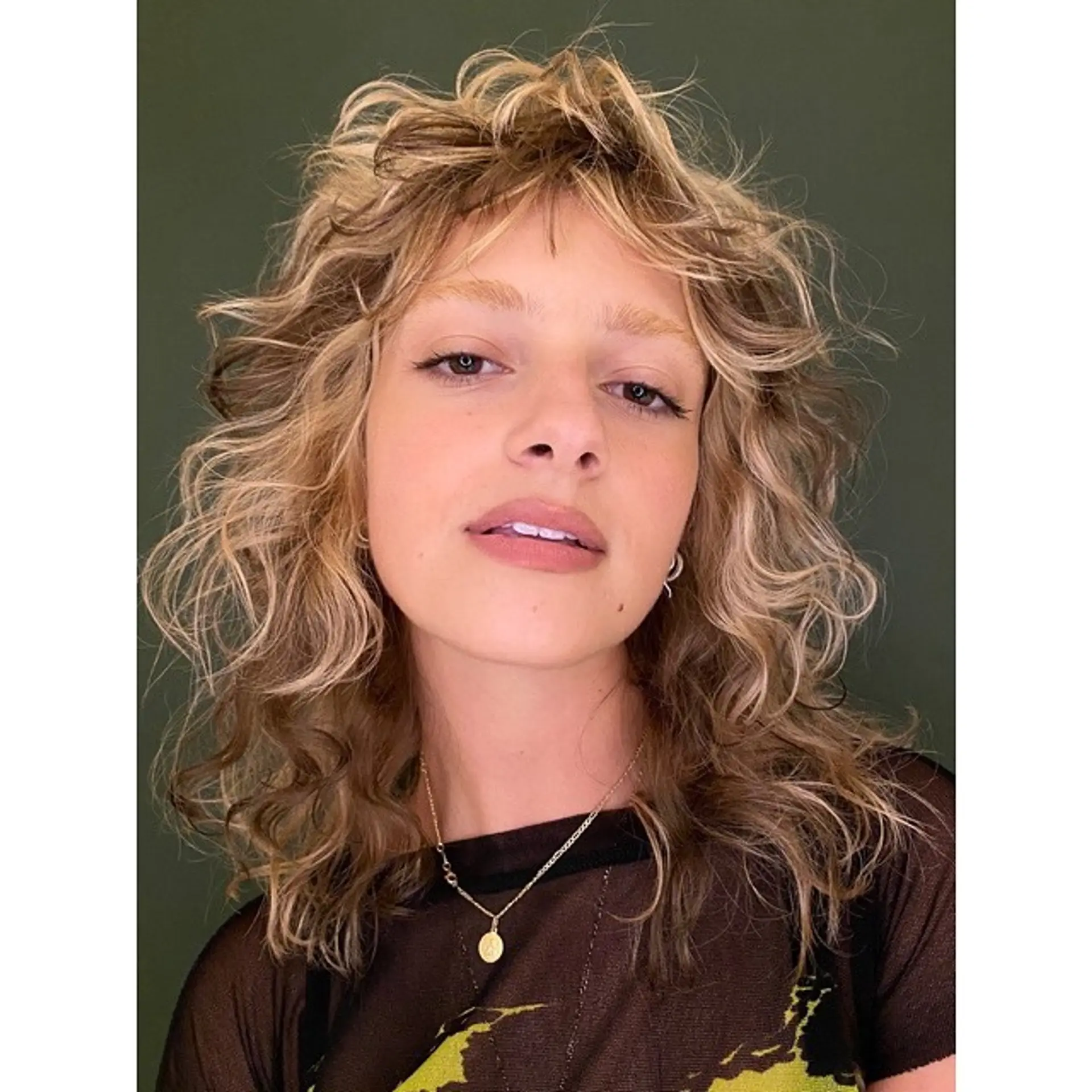 A layered shag haircut with curly texture and highlights. 1