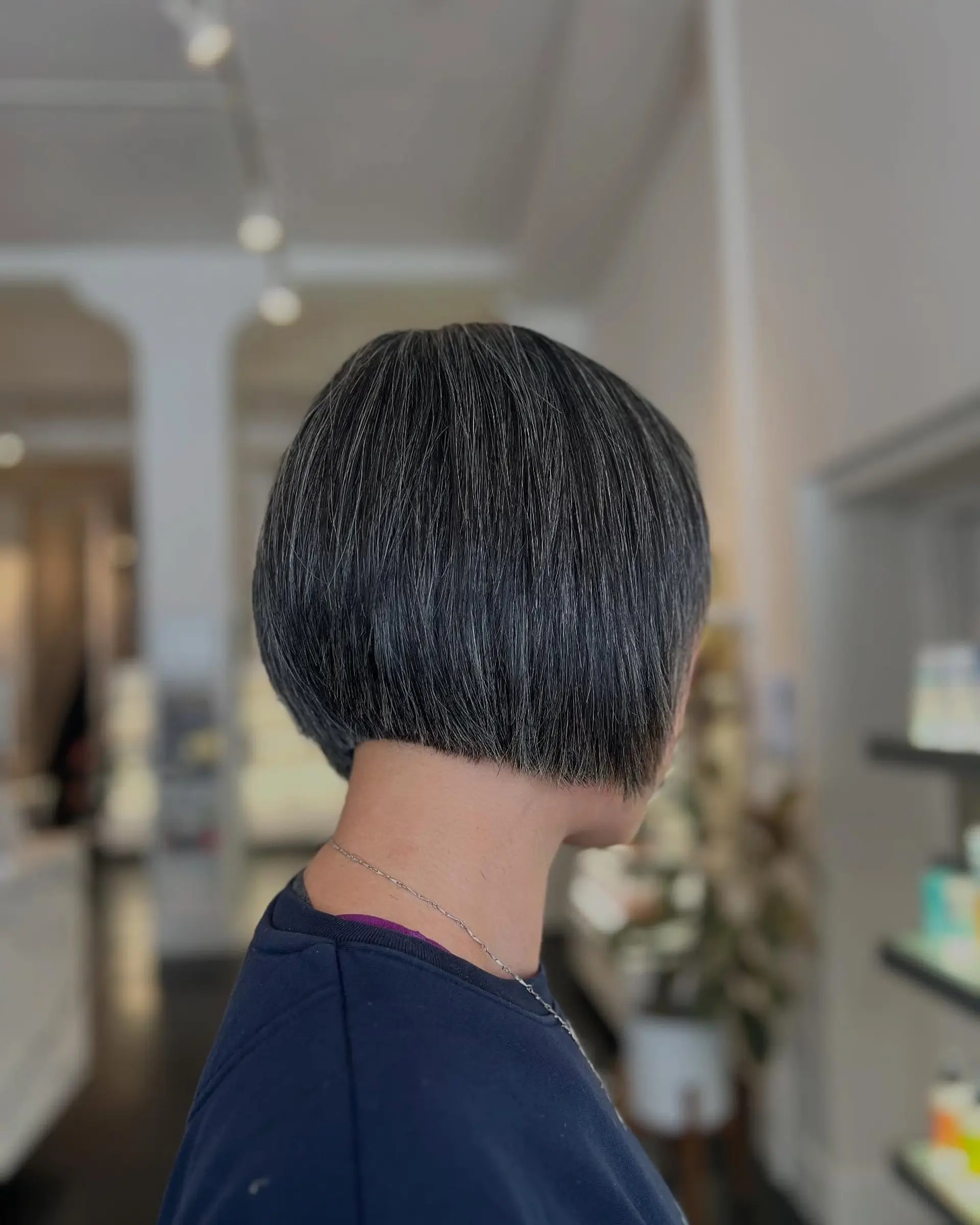 A sleek, precision blunt bob cut neatly above the nape of the neck with subtle silver and charcoal tones. 1