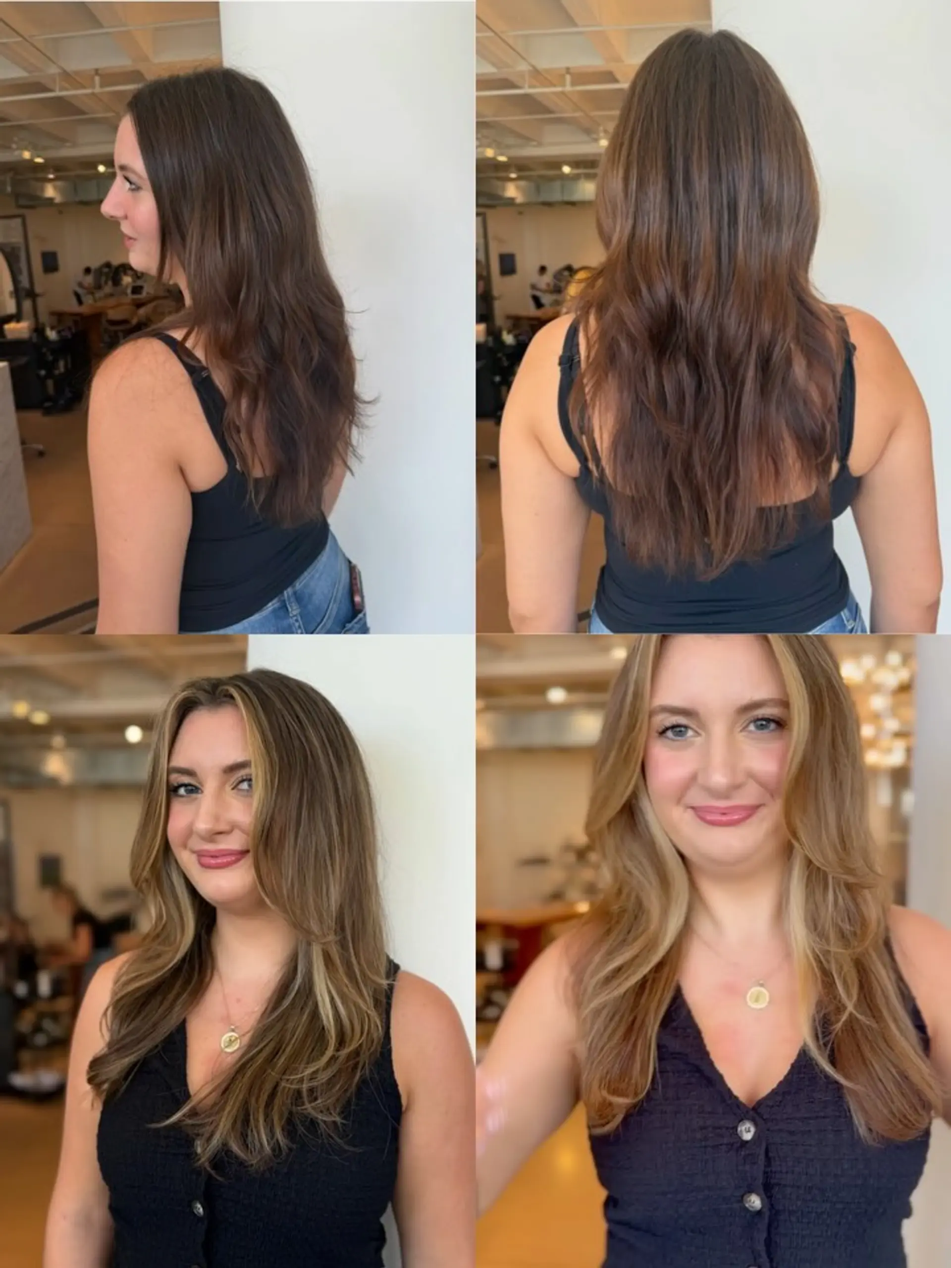 Long layered haircut featuring soft blonde face-framing highlights and a polished blowout with curtain layers. 1