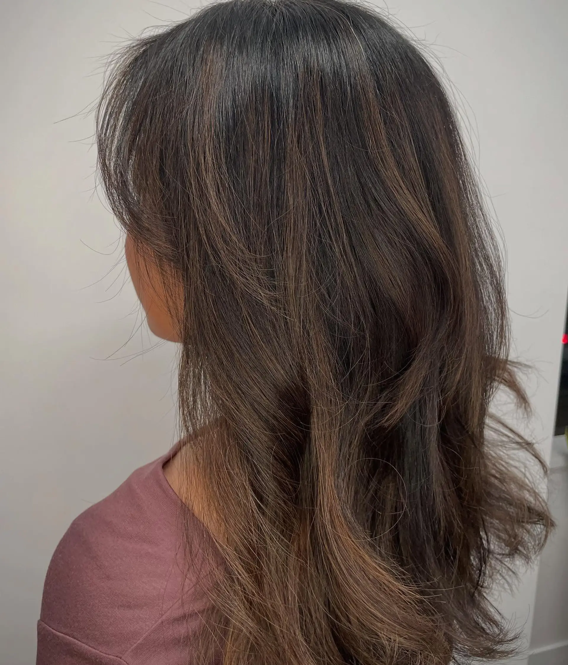 Long dimensional brunette hair with soft, blended highlights and feathered long layers. 1