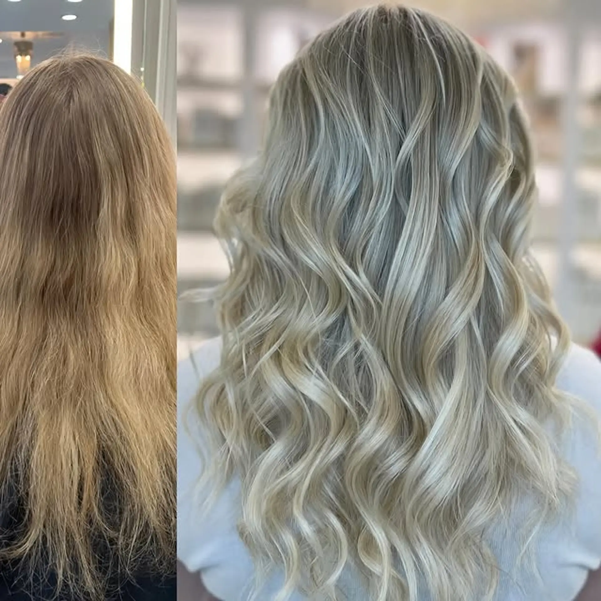 Long wavy hair with a bright, icy platinum blonde color and subtle highlights. 1
