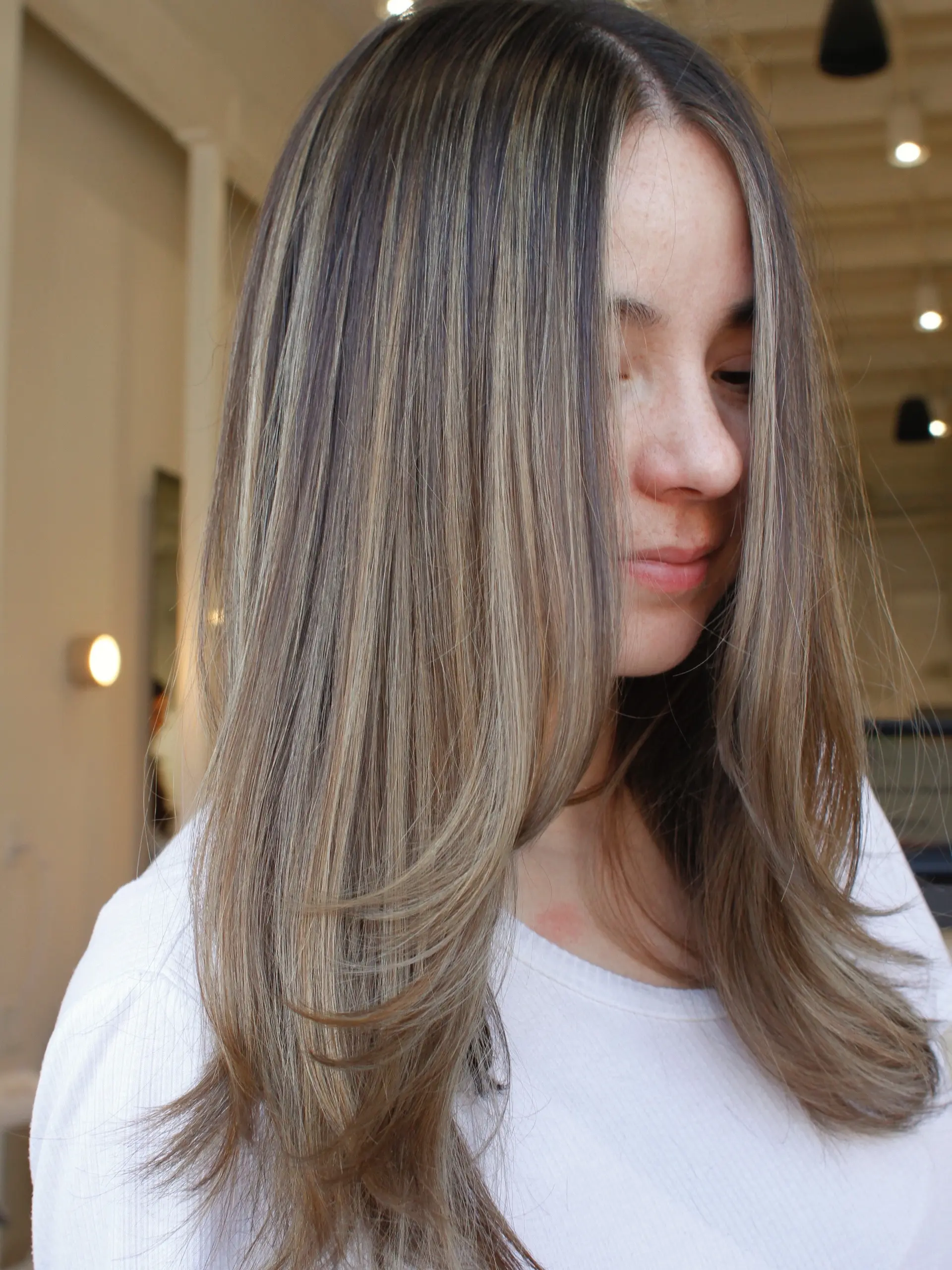 Long brunette hair detailed with fine ash-toned highlights and soft face-framing layers styled into a smooth blowout. 1