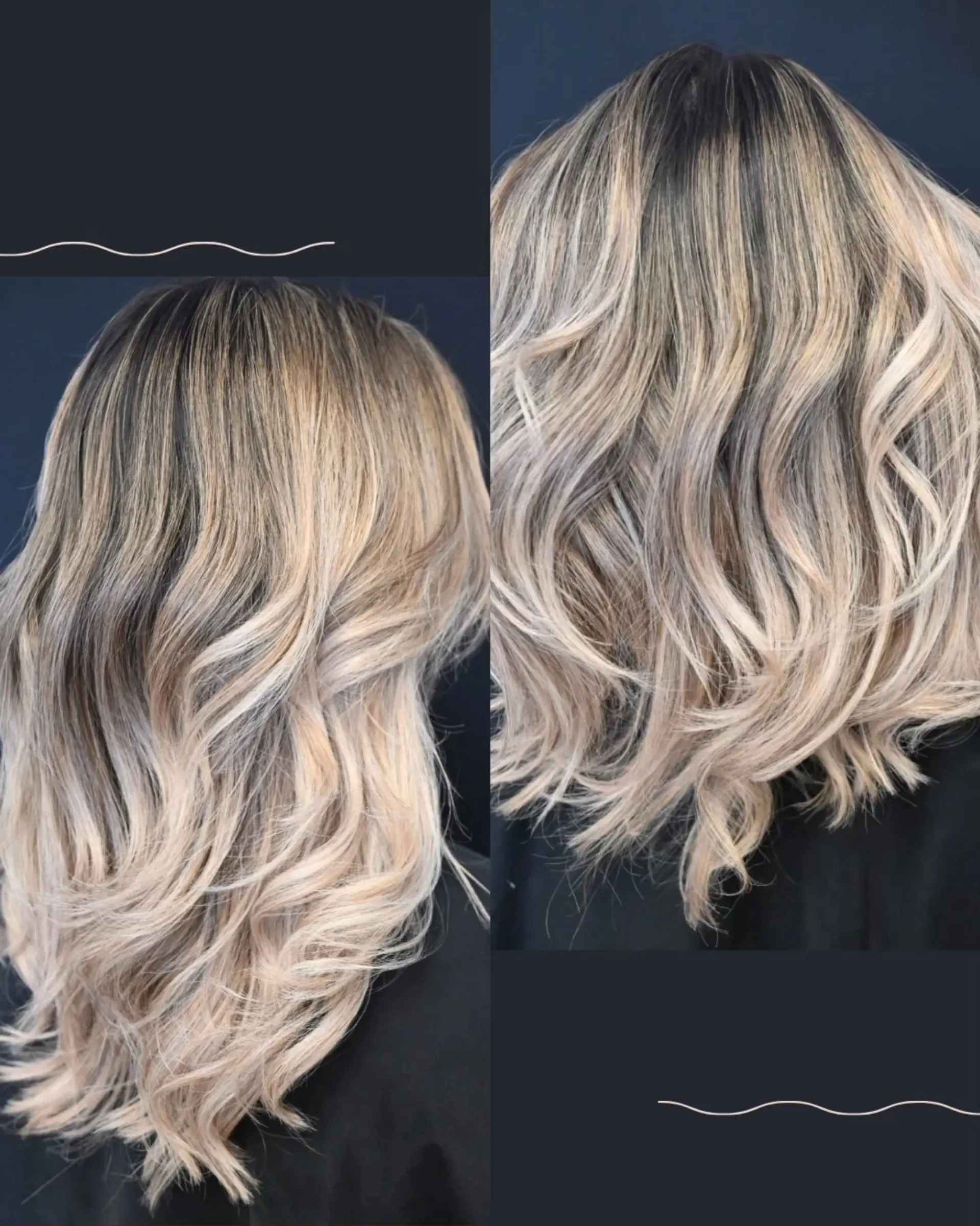 Medium-length dimensional blonde balayage styled in soft, loose waves with a dark shadow root. 1