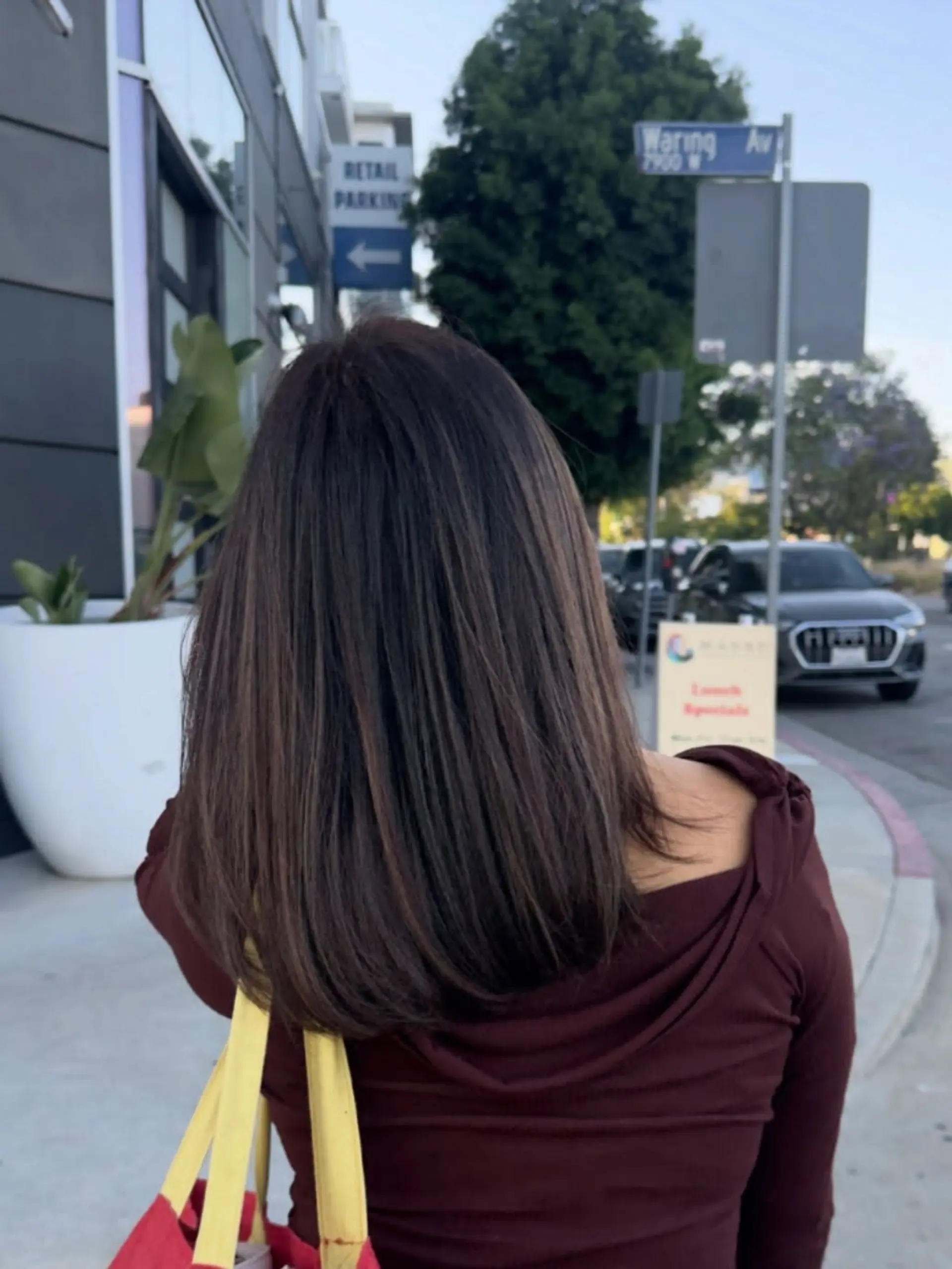 Medium-length sleek chocolate brown hair with soft inward-curving ends and subtle warm dimension. 1