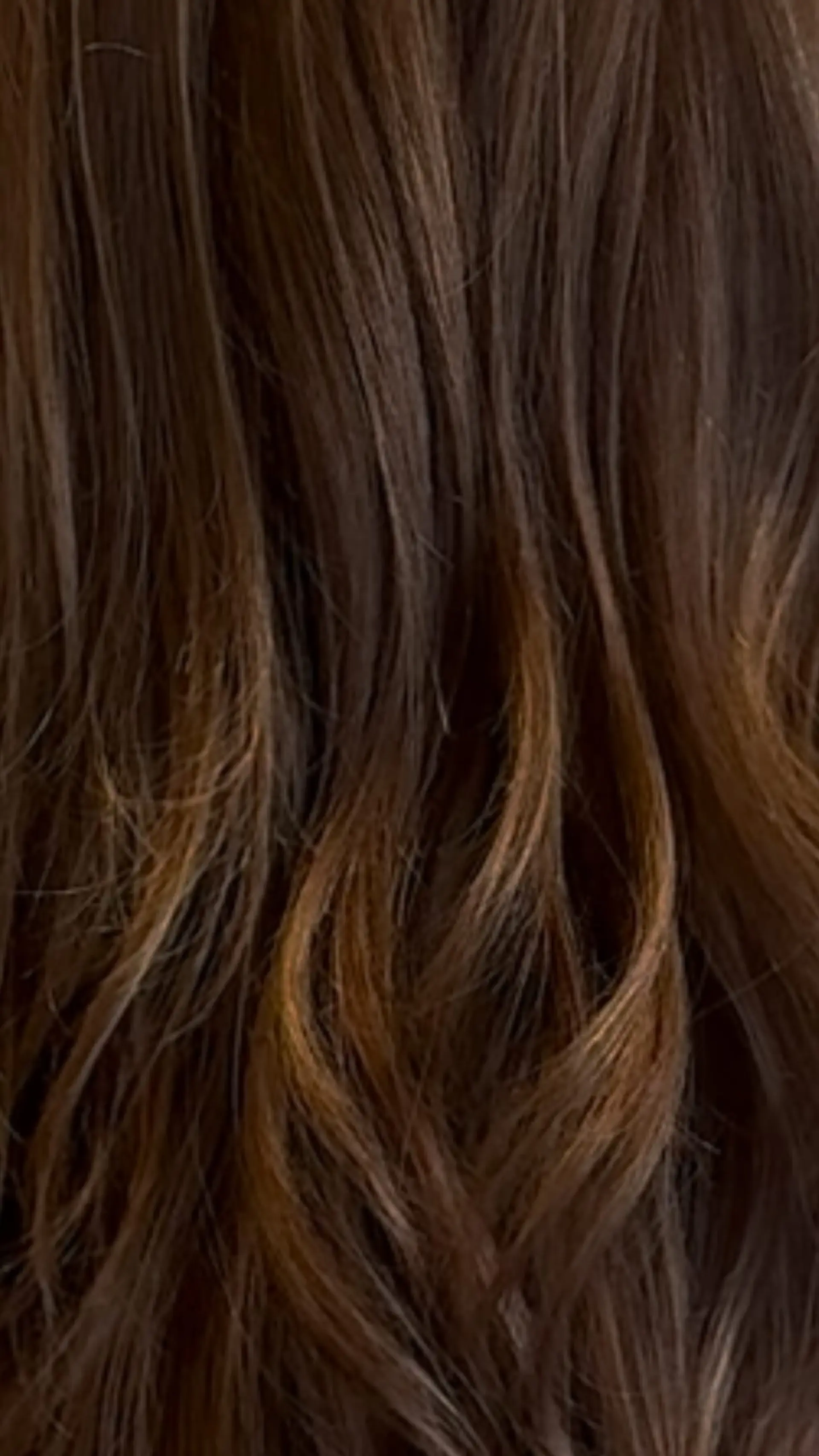 Loose, textured waves in rich brunette hair detailed with soft, subtle sun-kissed highlights. 1