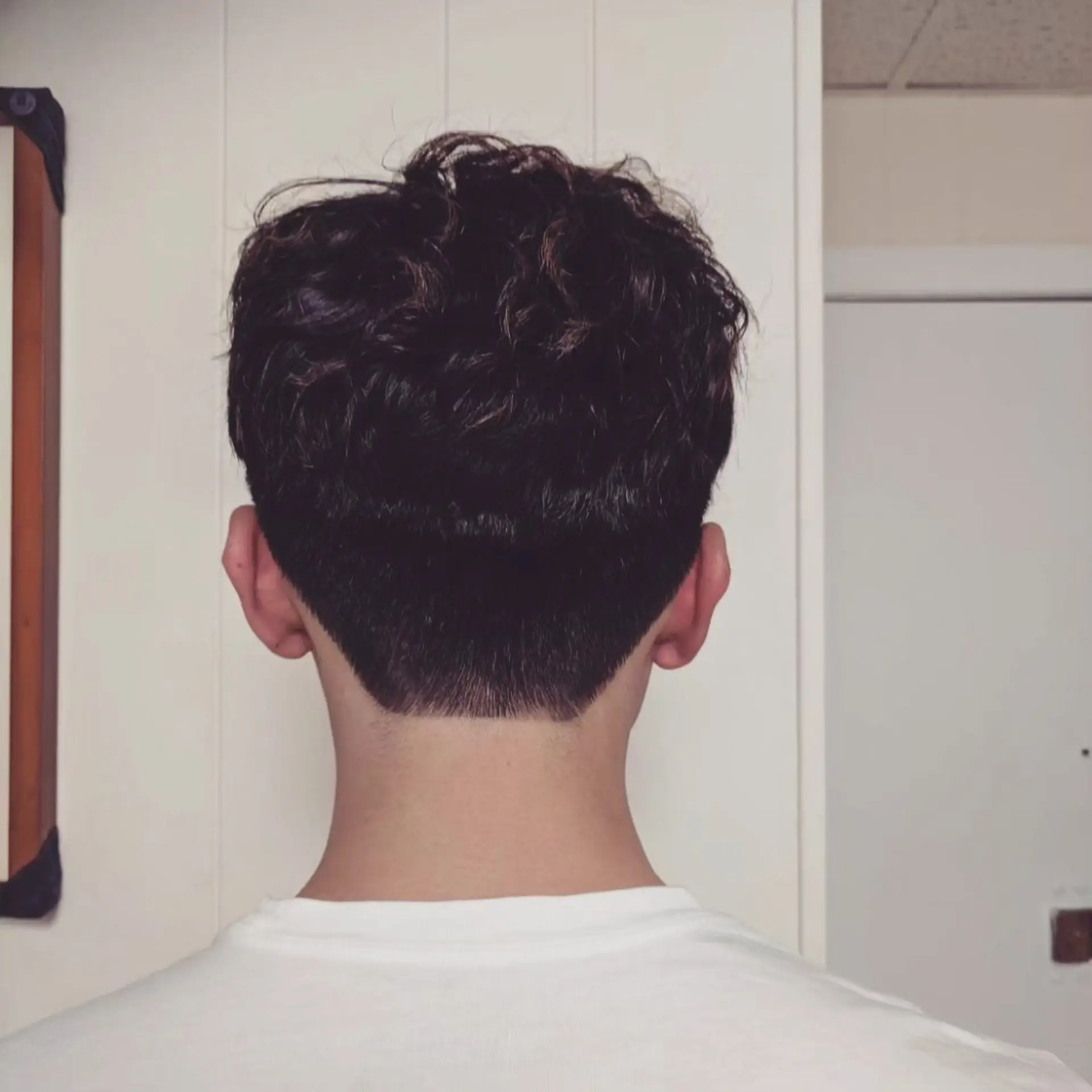 A men's short style featuring natural permed curls on top contrasted with a clean, low tapered neckline. 1