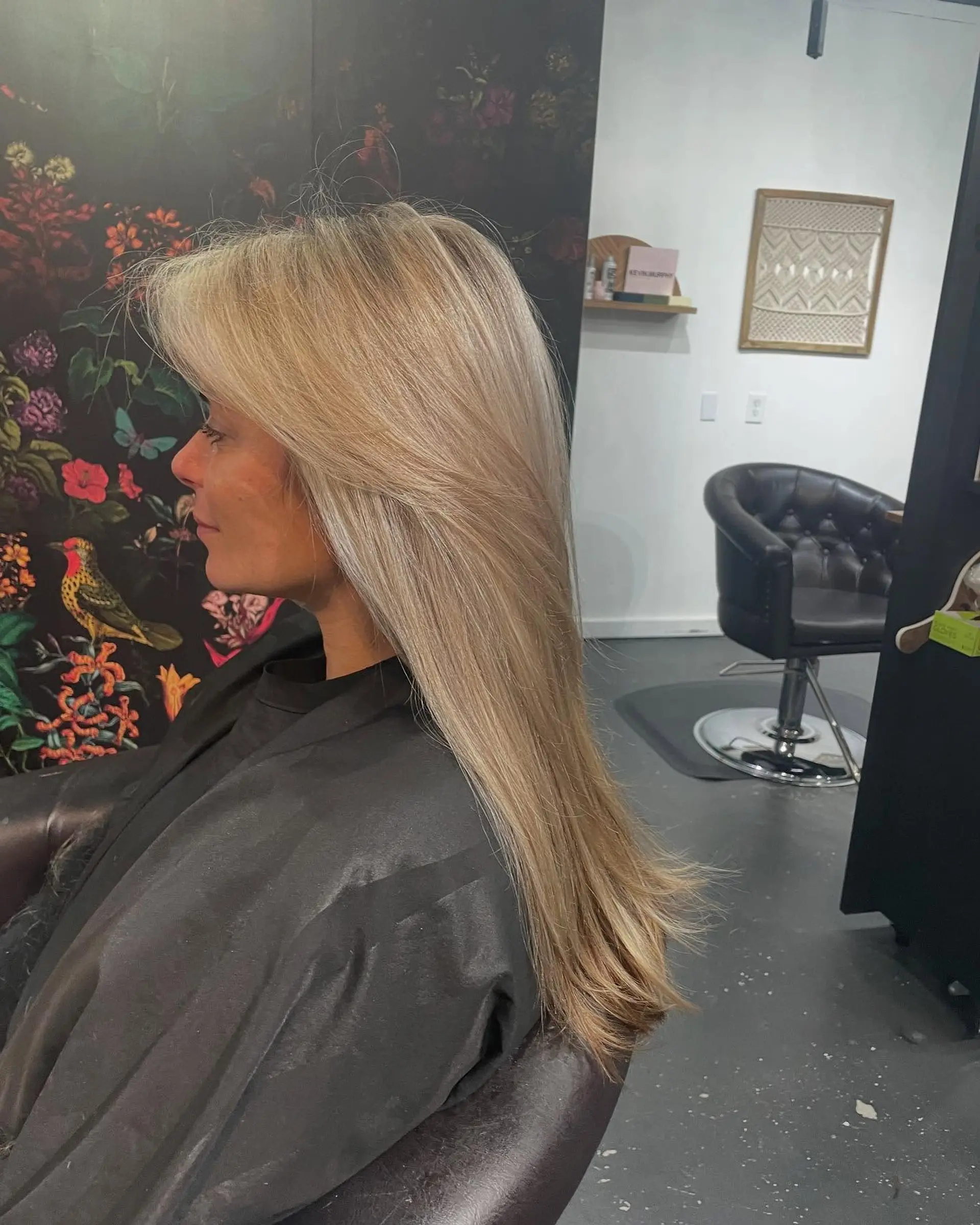 Long, sleek straight hair illuminated with fine dimensional blonde highlights and soft face-framing layers. 1