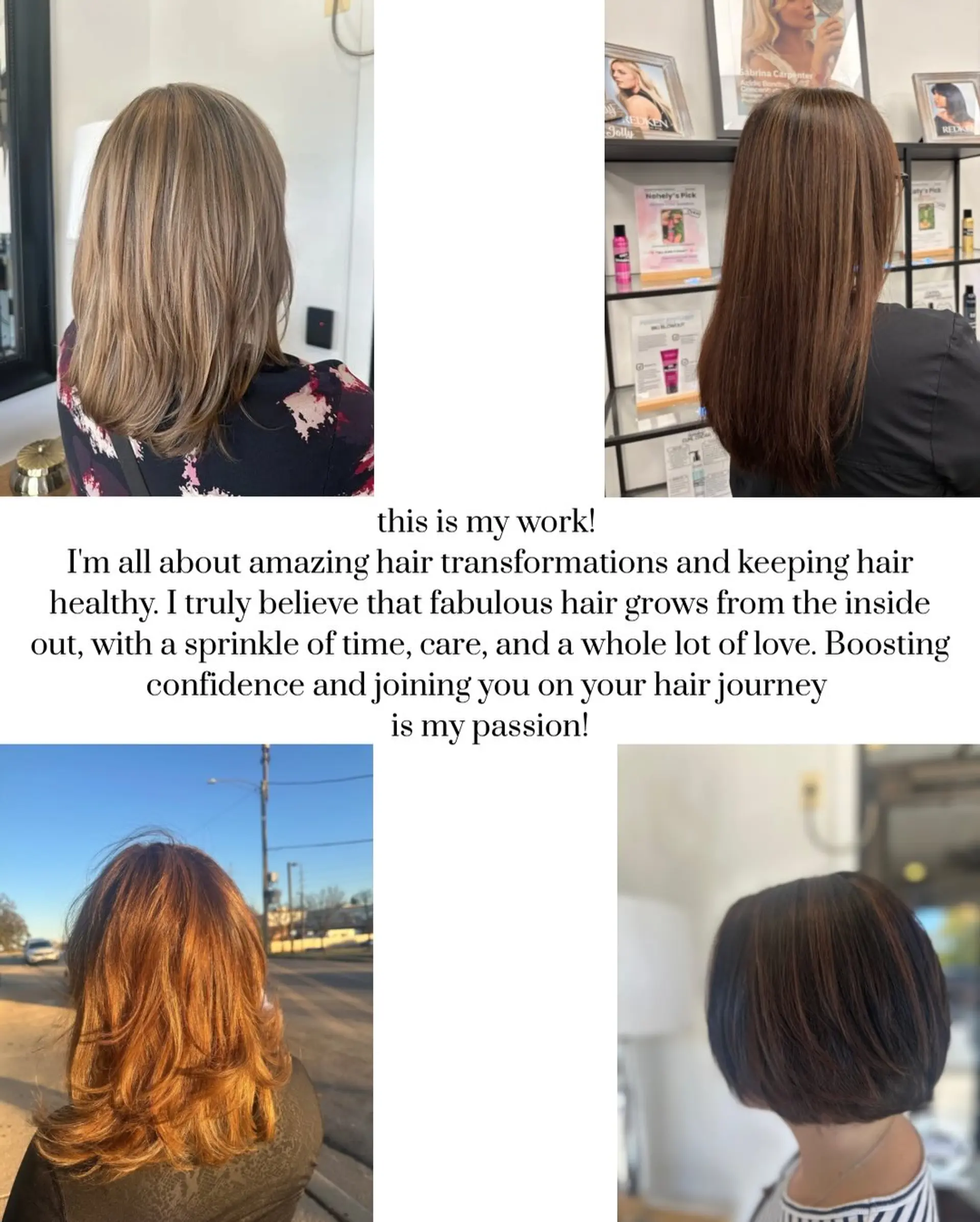 A collage of four different haircuts and blowouts featuring various lengths including a classic bob, mid-length layered cuts, and long sleek straight styling. 1