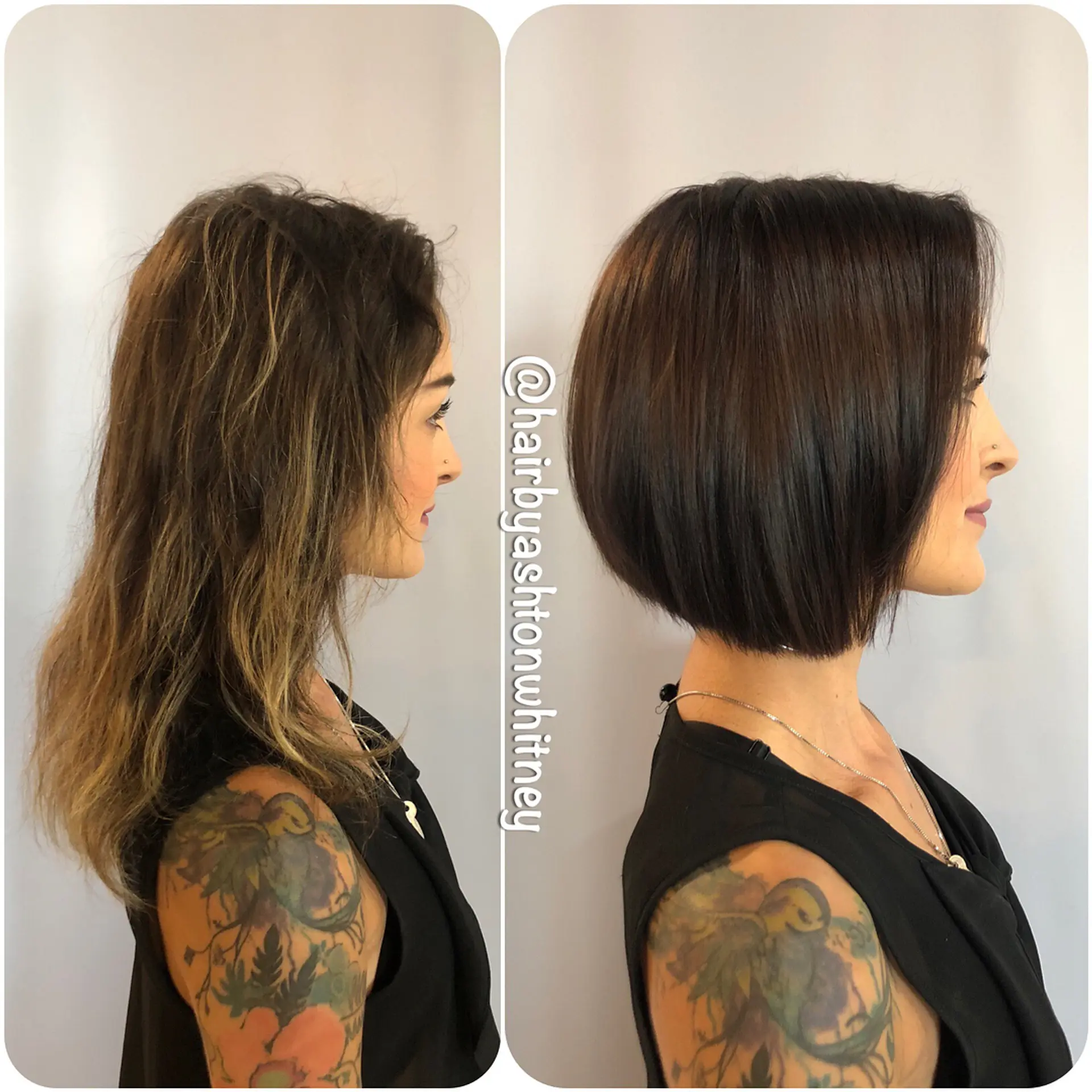 A dramatic before-and-after cut transforming medium wavy hair into a sleek, chin-length dark brunette bob. 1