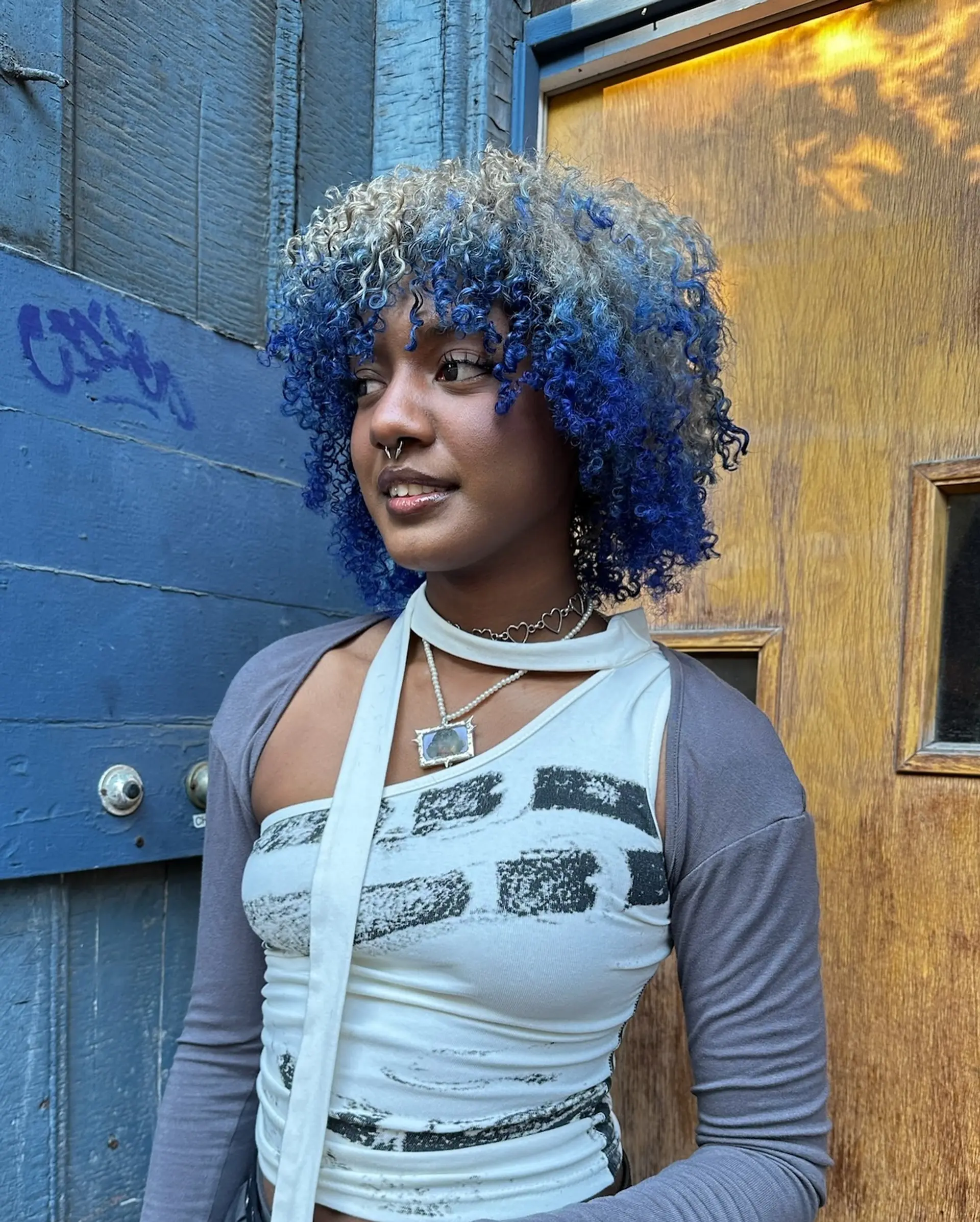 A rounded curly cut with curly bangs, featuring a split color design with icy platinum blonde at the top and vibrant cobalt blue framing the face and underneath. 1