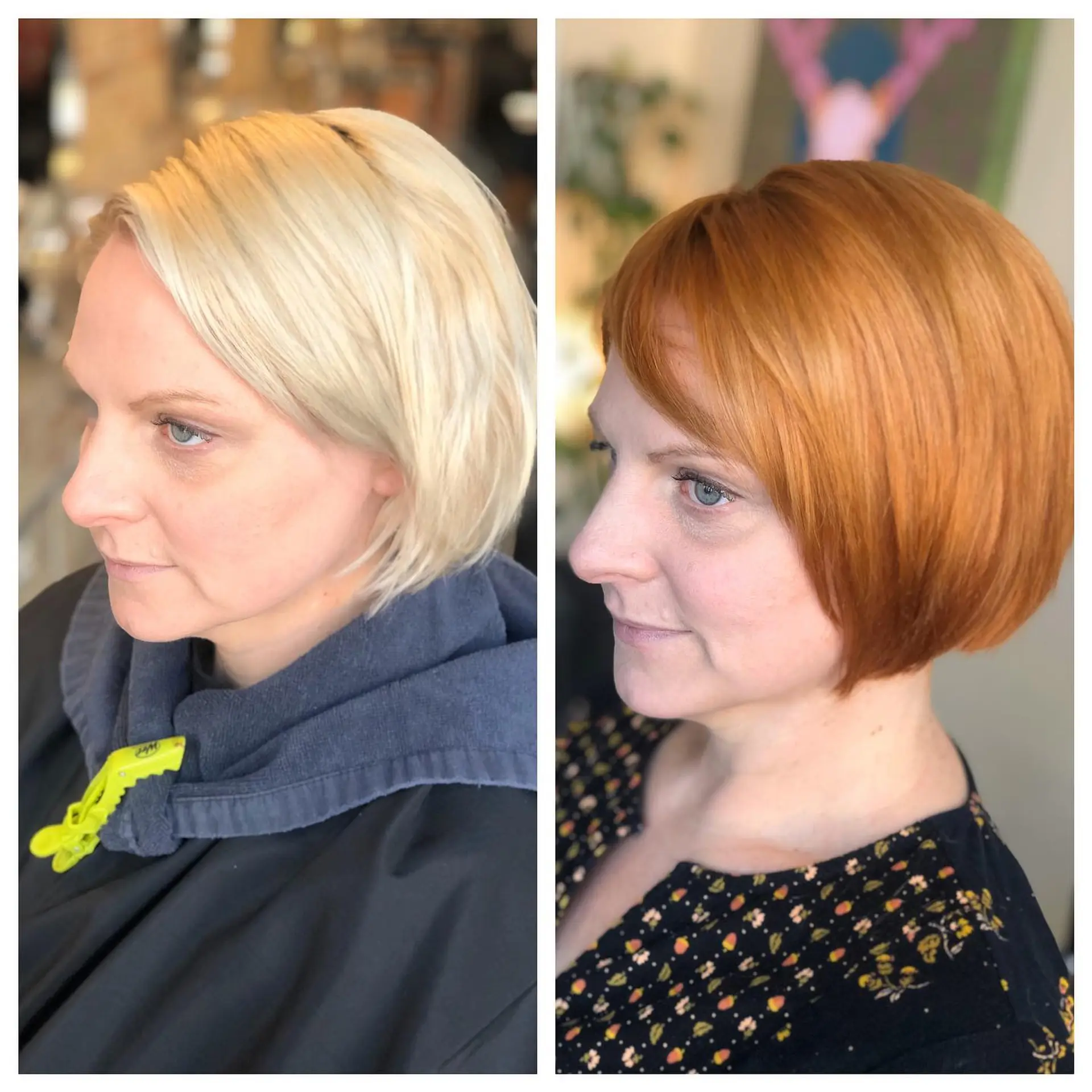 A vibrant all-over copper red transformation on a smooth, chin-length classic bob with soft side-swept fringe. 1