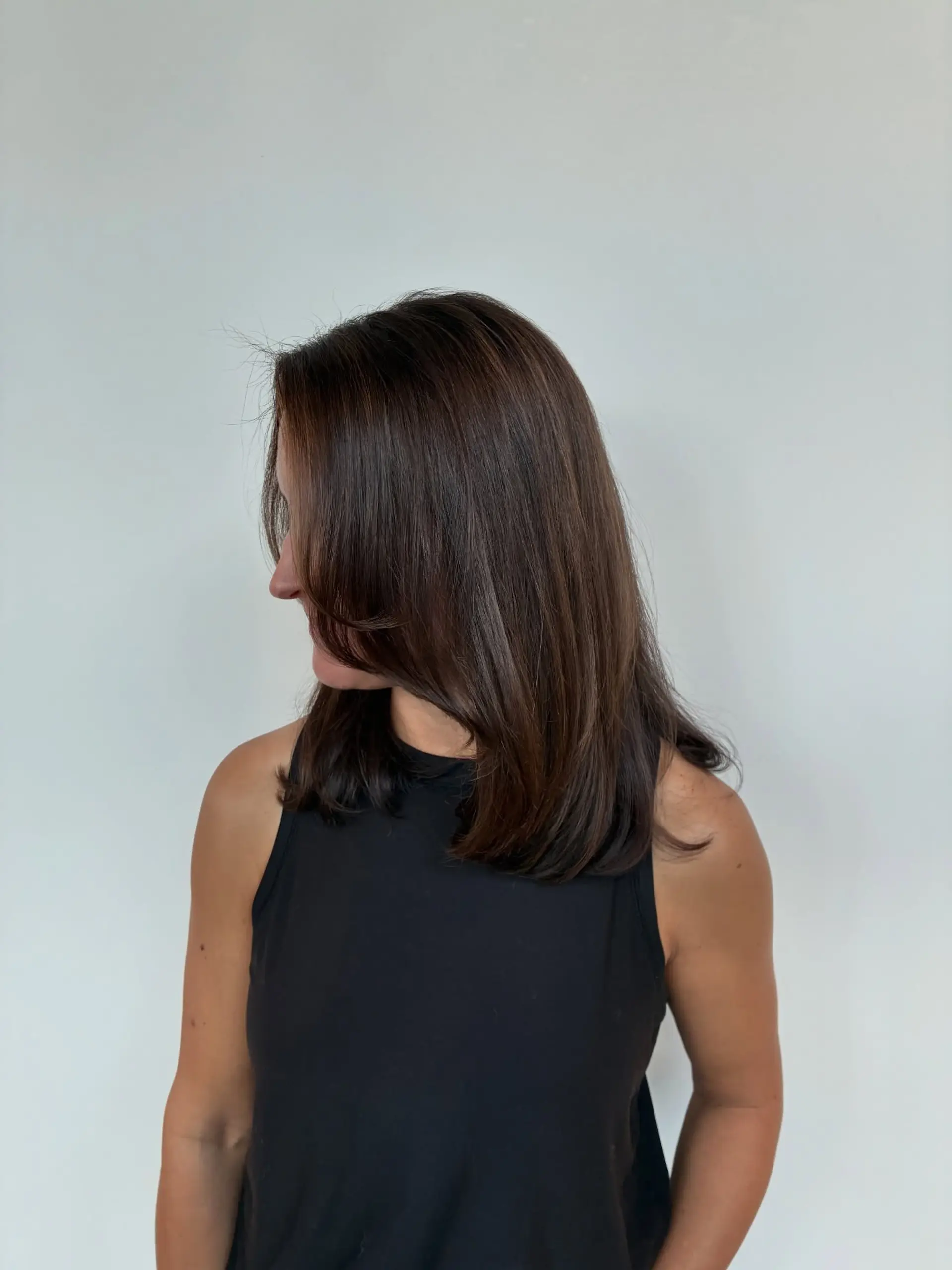 A glossy, medium-length brunette cut styled into a sleek blowout with soft face-framing layers and subtle highlights. 1