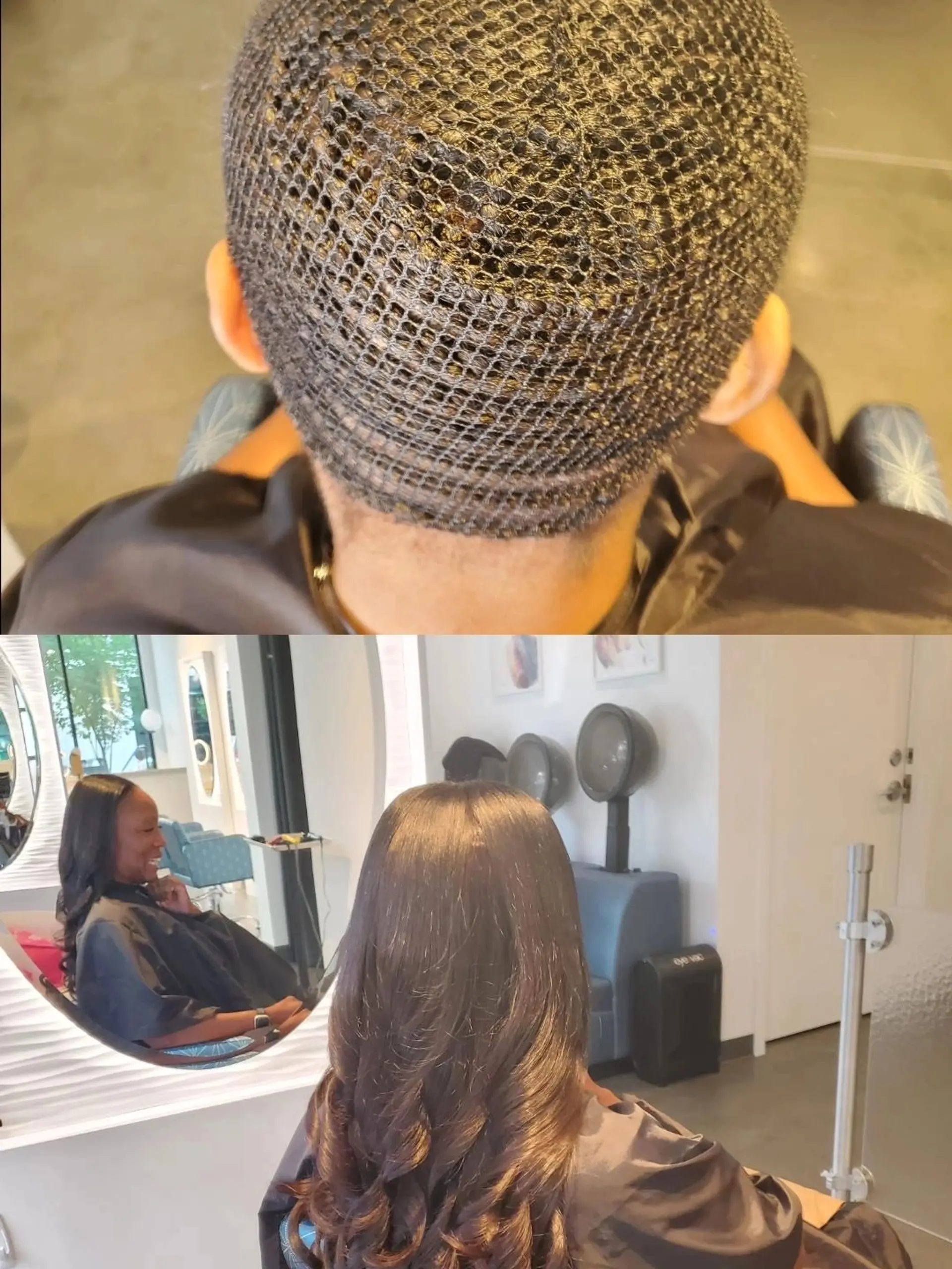A traditional sew-in weave installed over a protective braided net foundation and finished with soft curls. 1